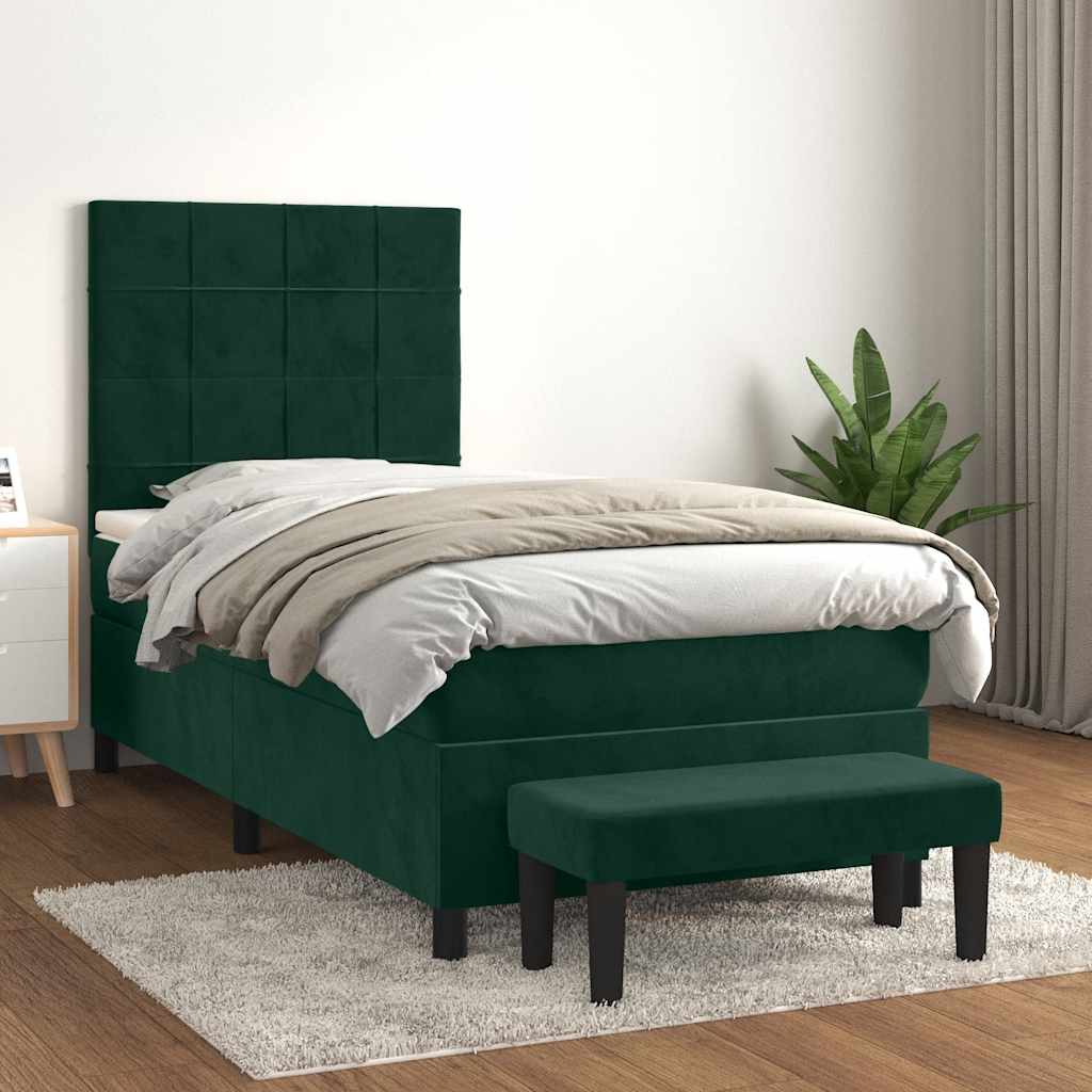 Cama com molas/colchão 90x200 cm veludo verde-escuro