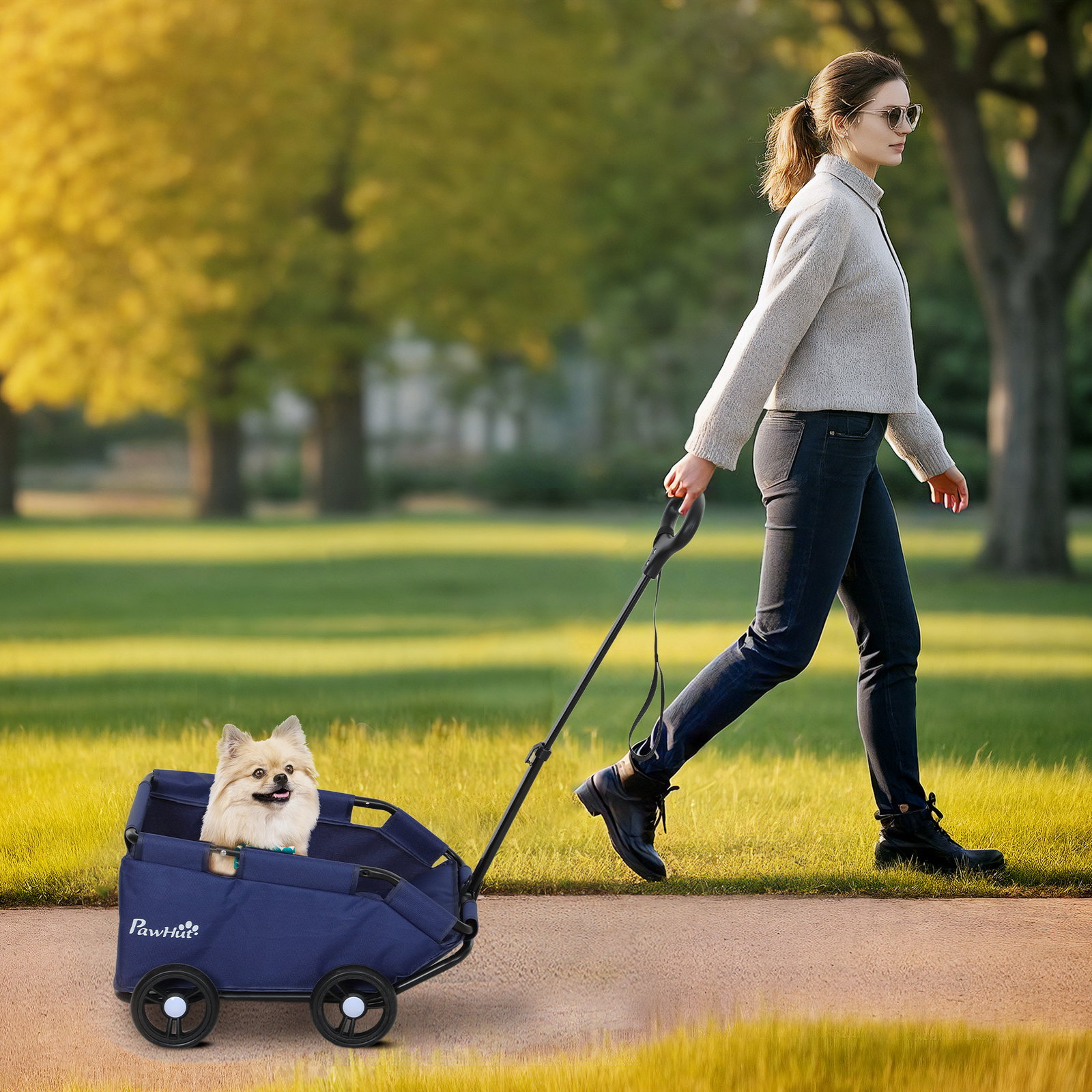 Carrinho para cães dobrável carrinho para cães miniatura com barra de empurre ajustável desenho aberto 53x45x28 cm azul escuro