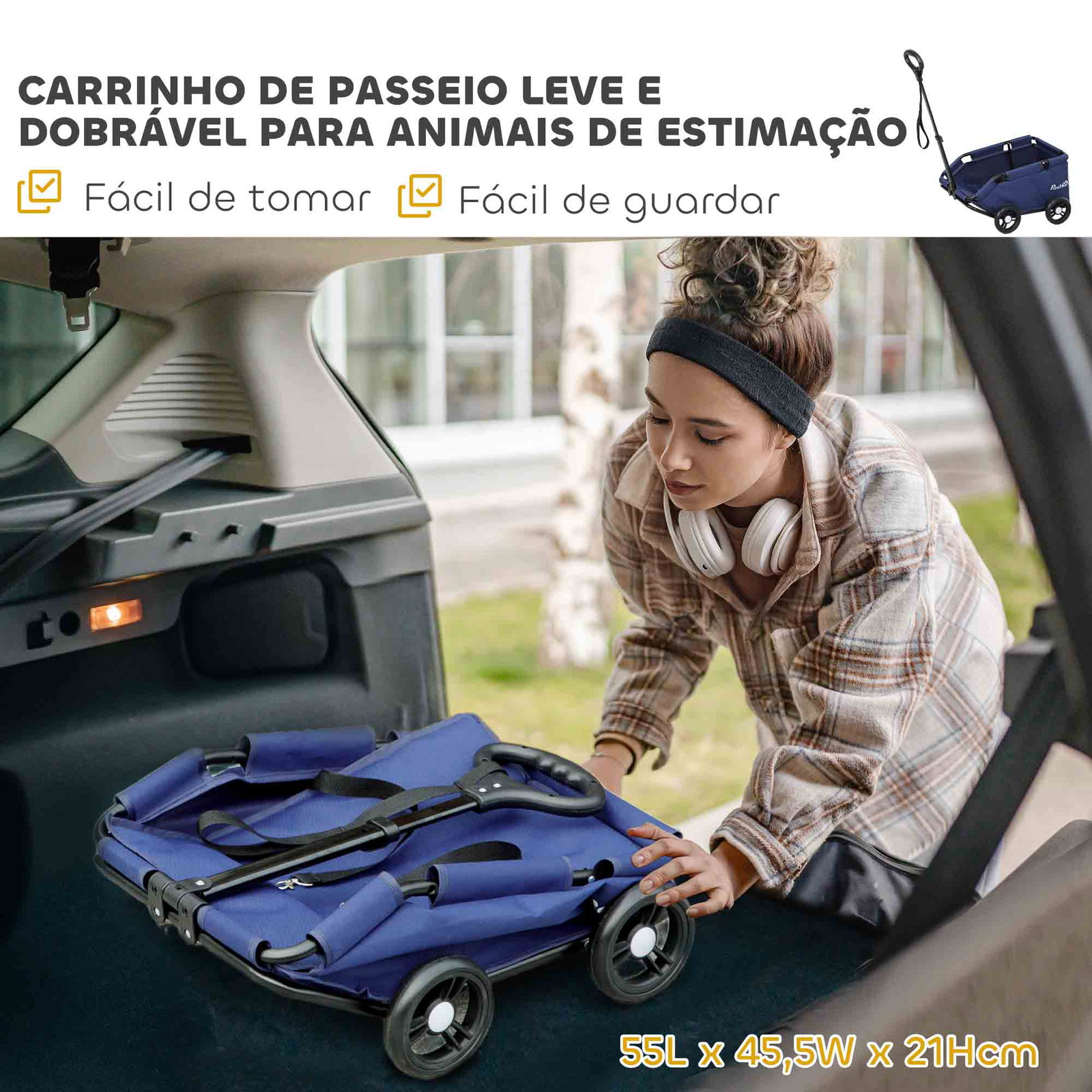 Carrinho para cães dobrável carrinho para cães miniatura com barra de empurre ajustável desenho aberto 53x45x28 cm azul escuro
