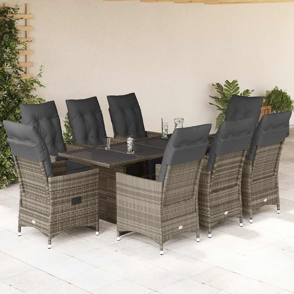 9 Pcs conjunto bistrô de jardim c/ almofadões vime PE cinzento