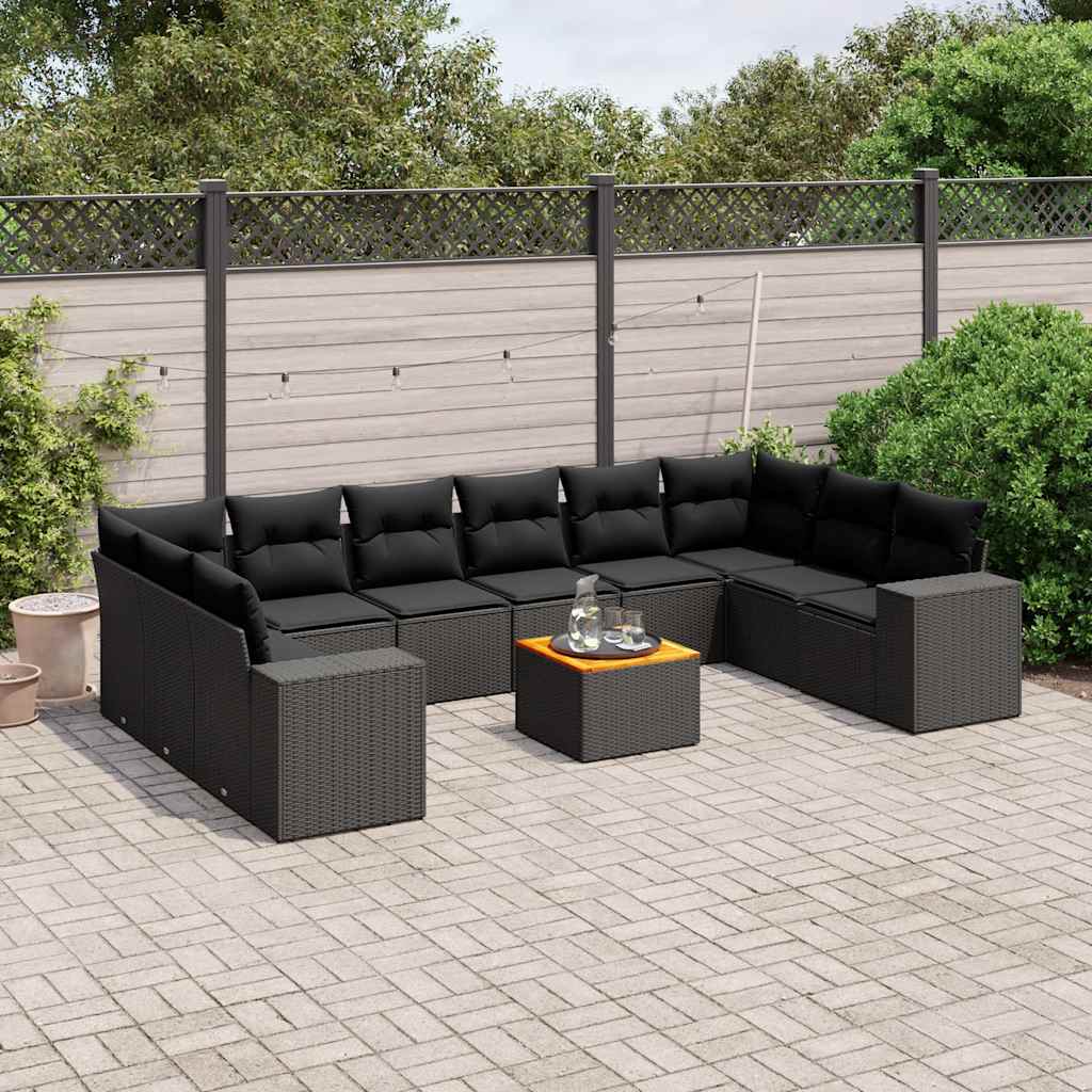 11 Pcs conjunto sofás de jardim c/ almofadões vime PE preto