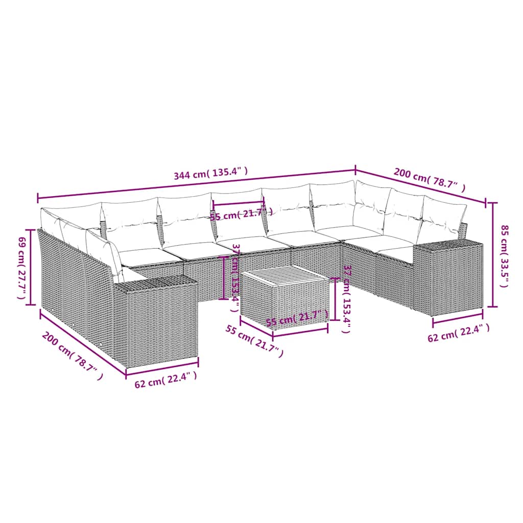 11 Pcs conjunto sofás de jardim c/ almofadões vime PE preto