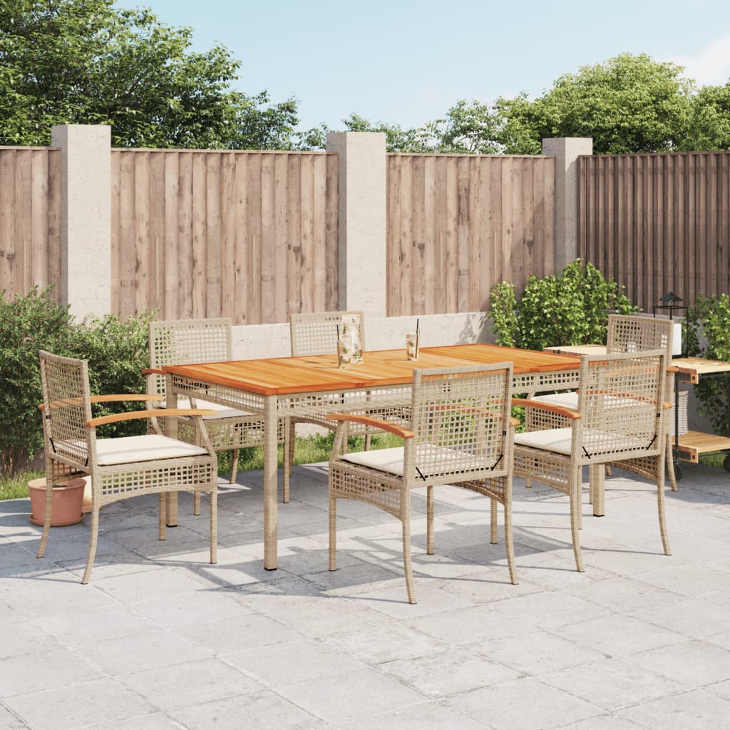 7 Pcs conjunto de jantar p/ jardim com almofadões vime PE bege