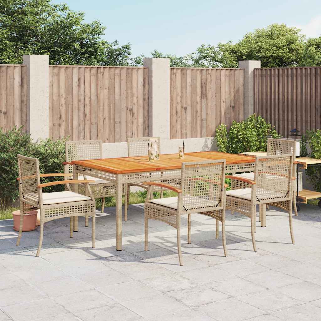 7 Pcs conjunto de jantar p/ jardim com almofadões vime PE bege