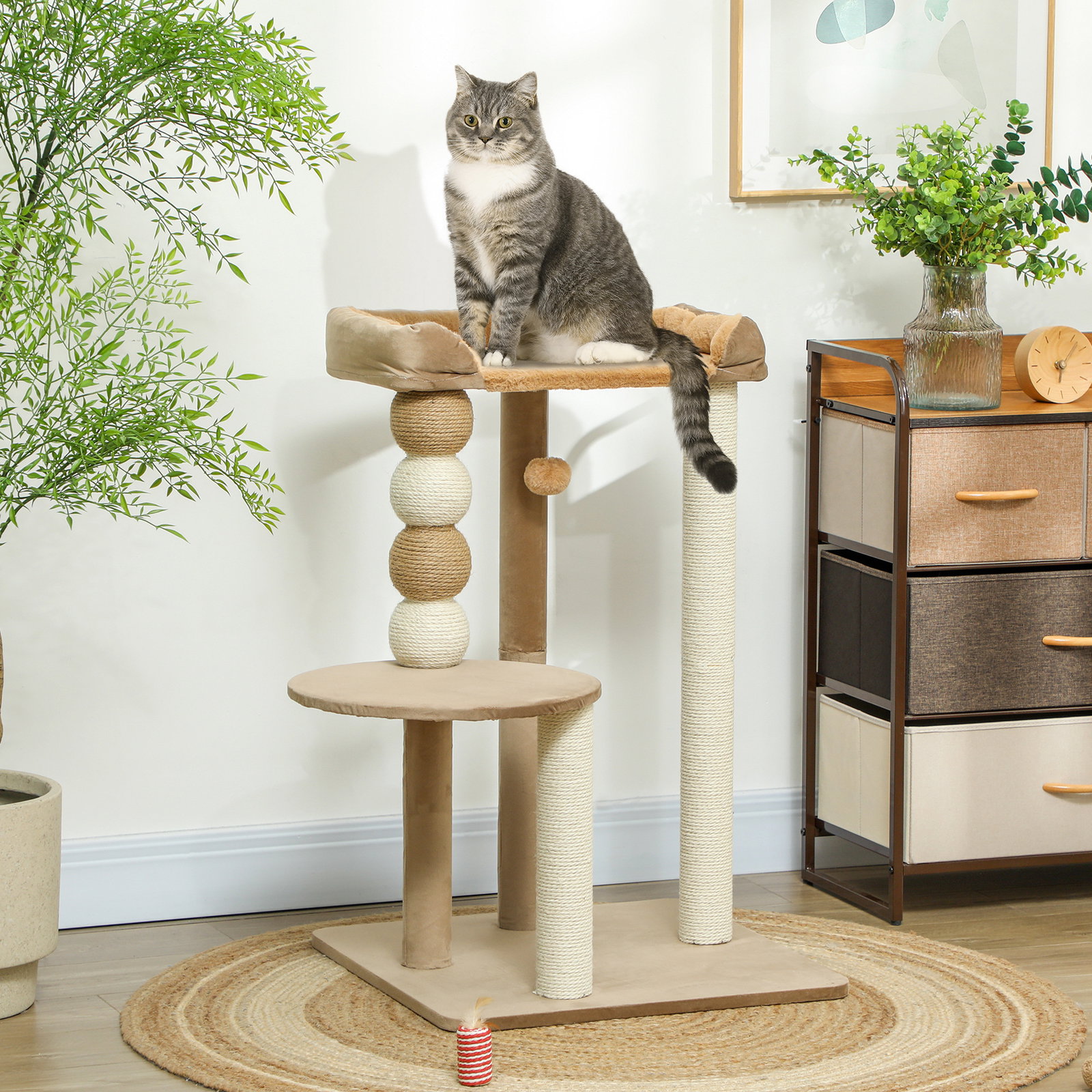 Arranhador para gatos arranhador para gatos com estofado em borrego plataformas bola suspensa e poste de juta 56x54x86 cm marrom