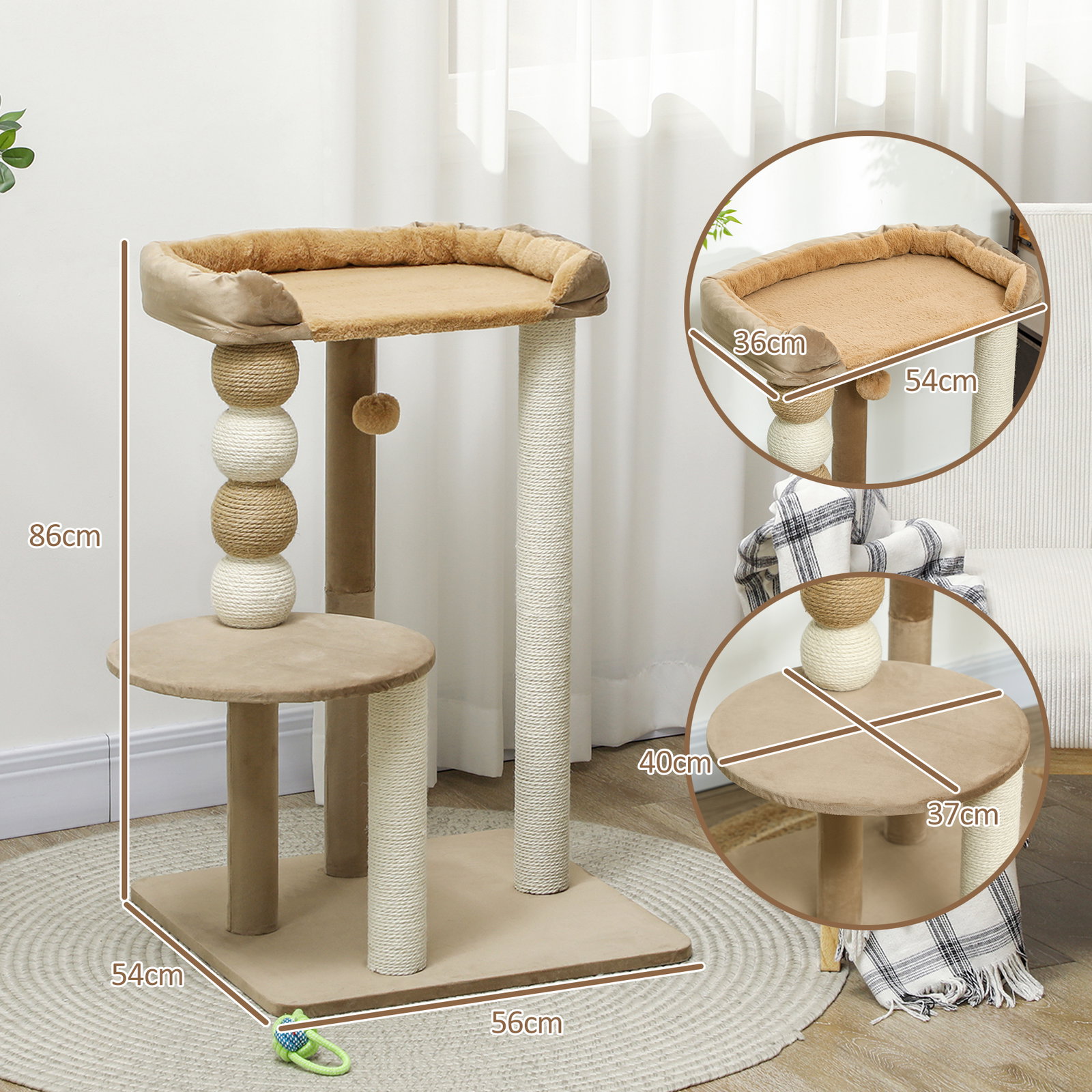 Arranhador para gatos arranhador para gatos com estofado em borrego plataformas bola suspensa e poste de juta 56x54x86 cm marrom