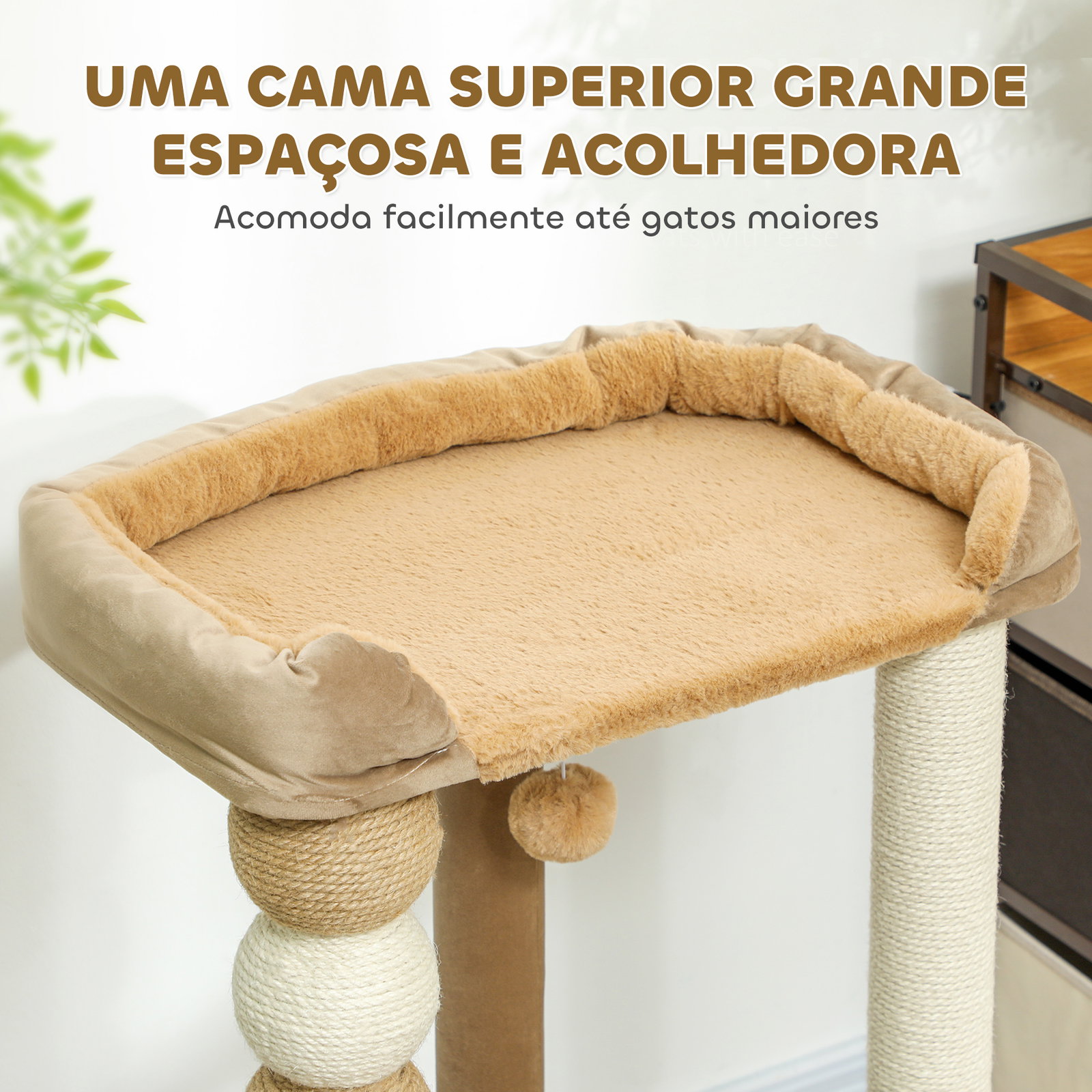 Arranhador para gatos arranhador para gatos com estofado em borrego plataformas bola suspensa e poste de juta 56x54x86 cm marrom