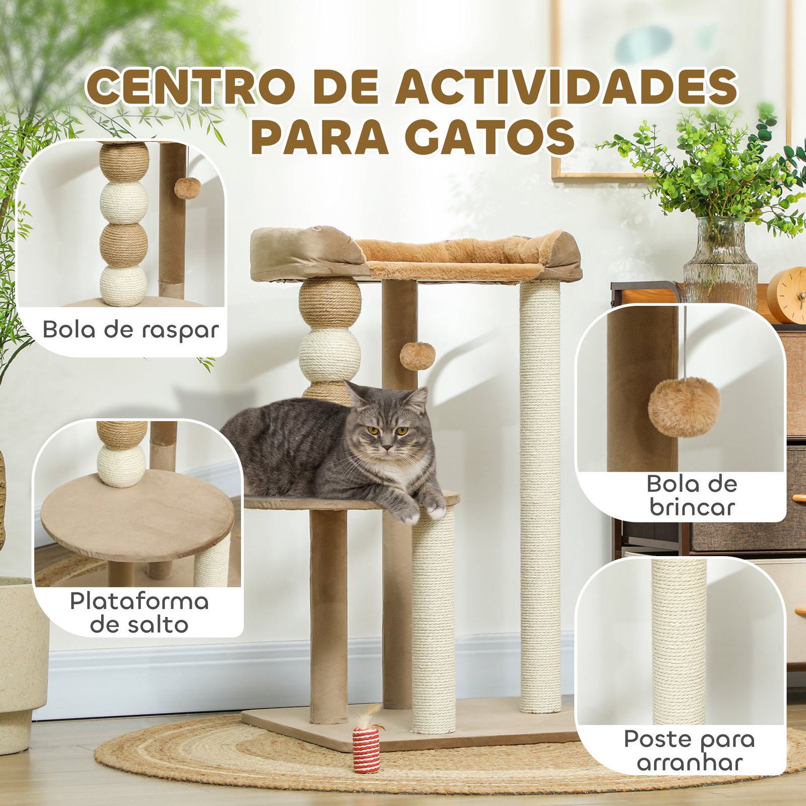 Arranhador para gatos arranhador para gatos com estofado em borrego plataformas bola suspensa e poste de juta 56x54x86 cm marrom