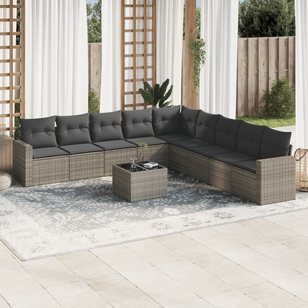 10 Pcs conjunto sofás de jardim c/ almofadões vime PE cinzento