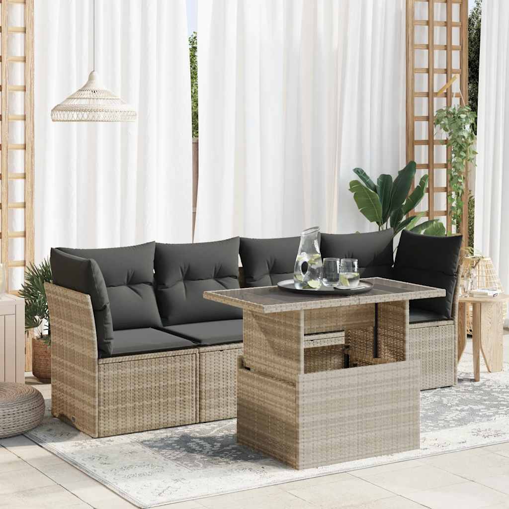 5 Pcs conj. sofás jardim c/ almofadões vime PE cinzento-claro