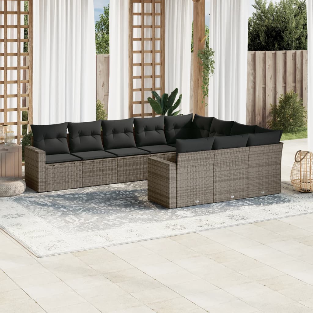 10 Pcs conjunto sofás de jardim c/ almofadões vime PE cinzento