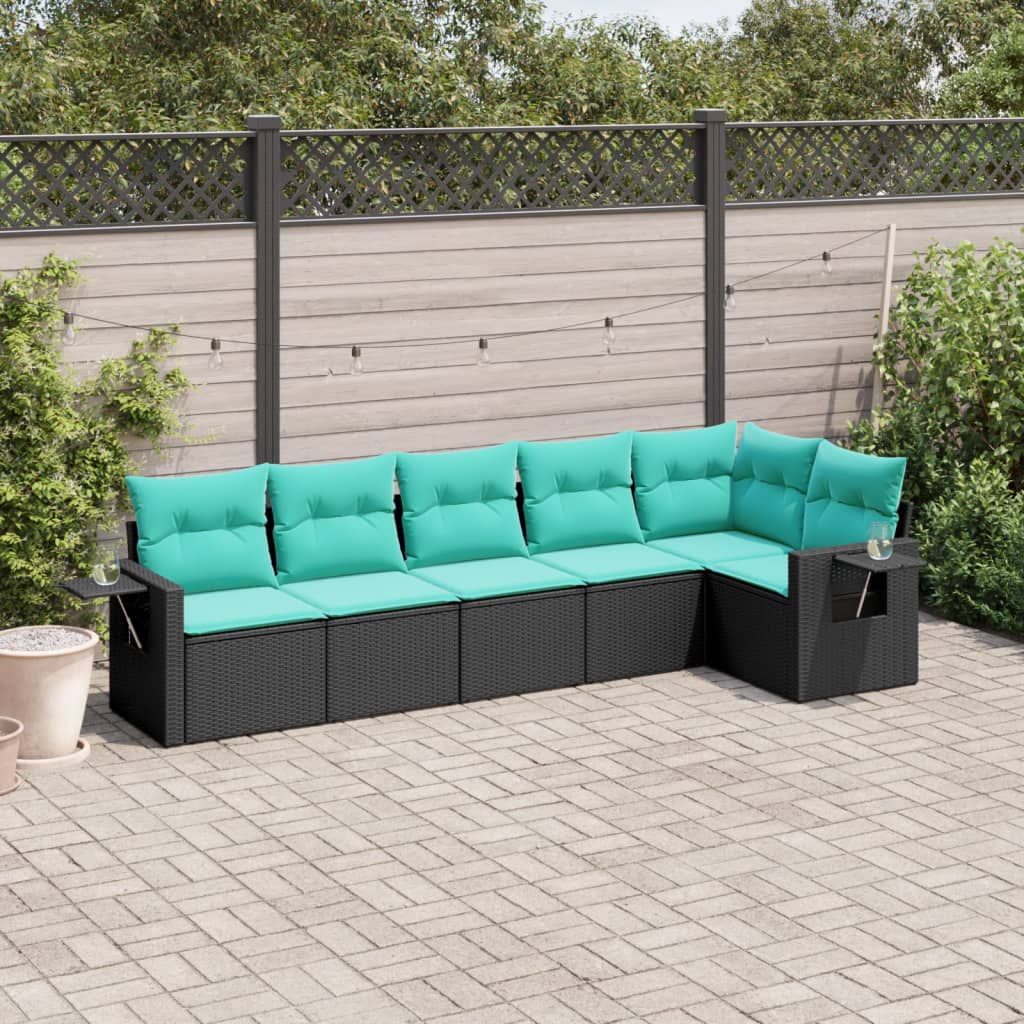 Conjunto de sofá de jardim com 6 peças e almofadas em rattan sintético preto