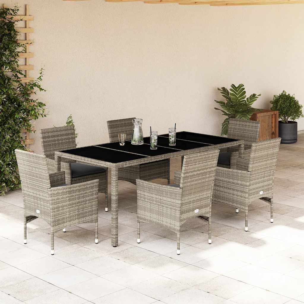7Pcs conj. jantar jardim + almofadões vime PE/vidro cinza claro