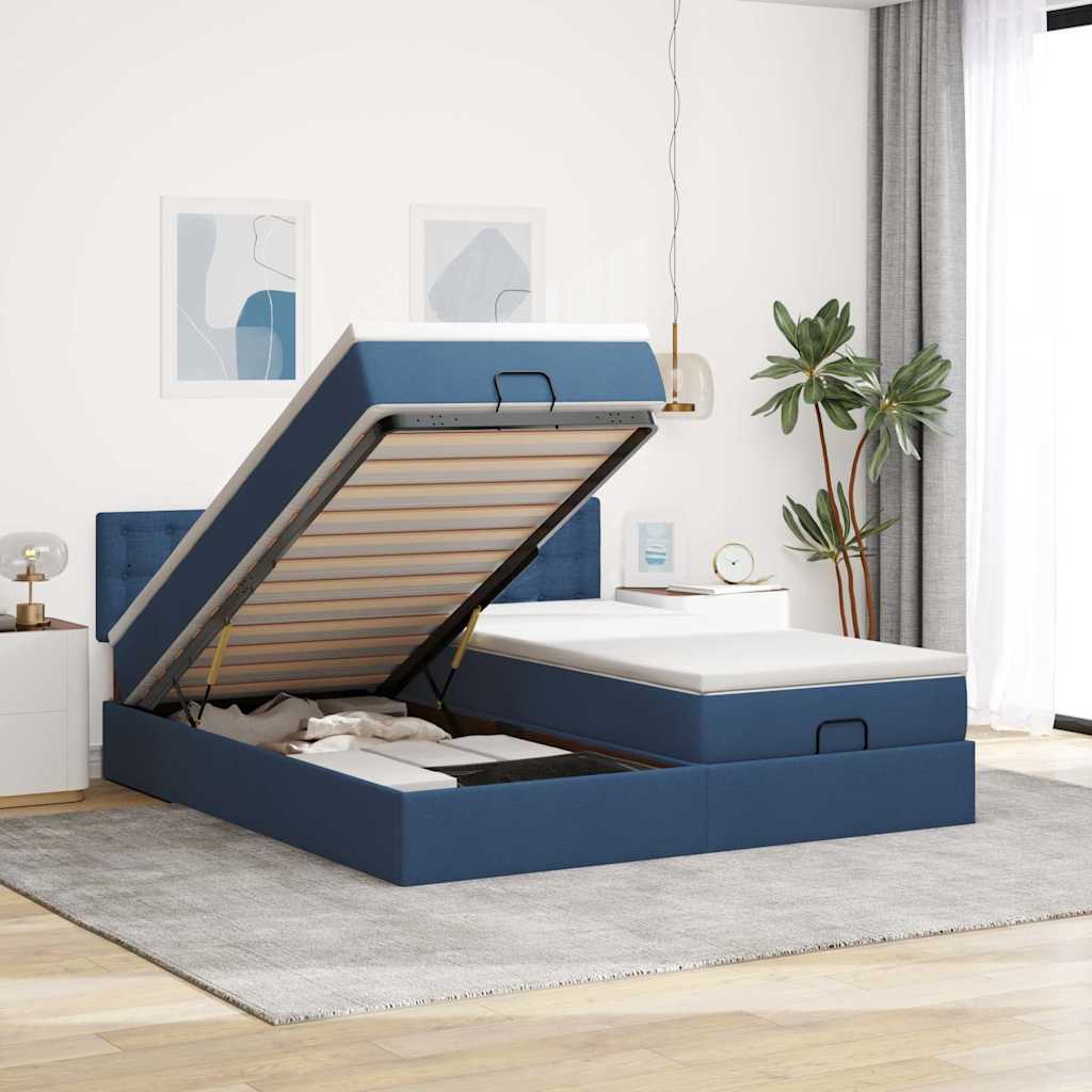 Estrutura de cama otomana com colchões 180x200cm tecido azul
