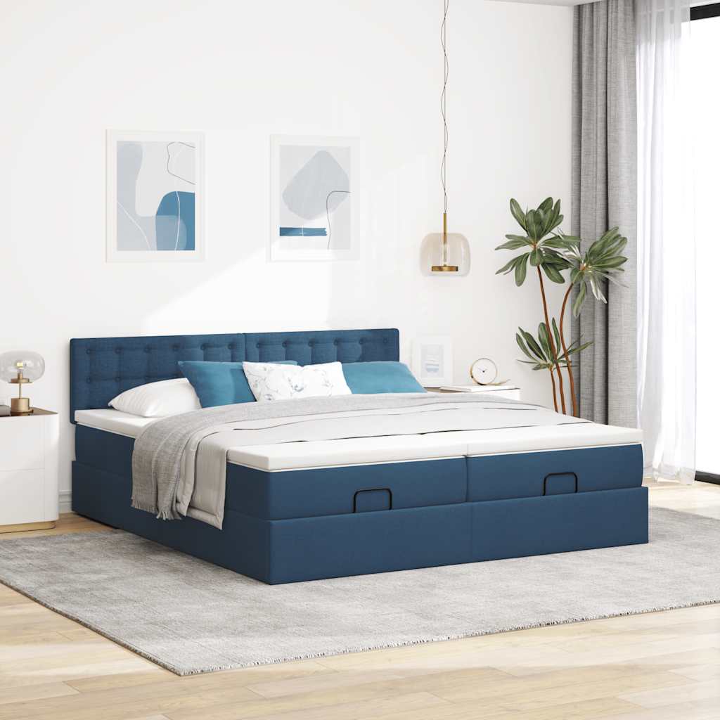 Estrutura de cama otomana com colchões 180x200cm tecido azul