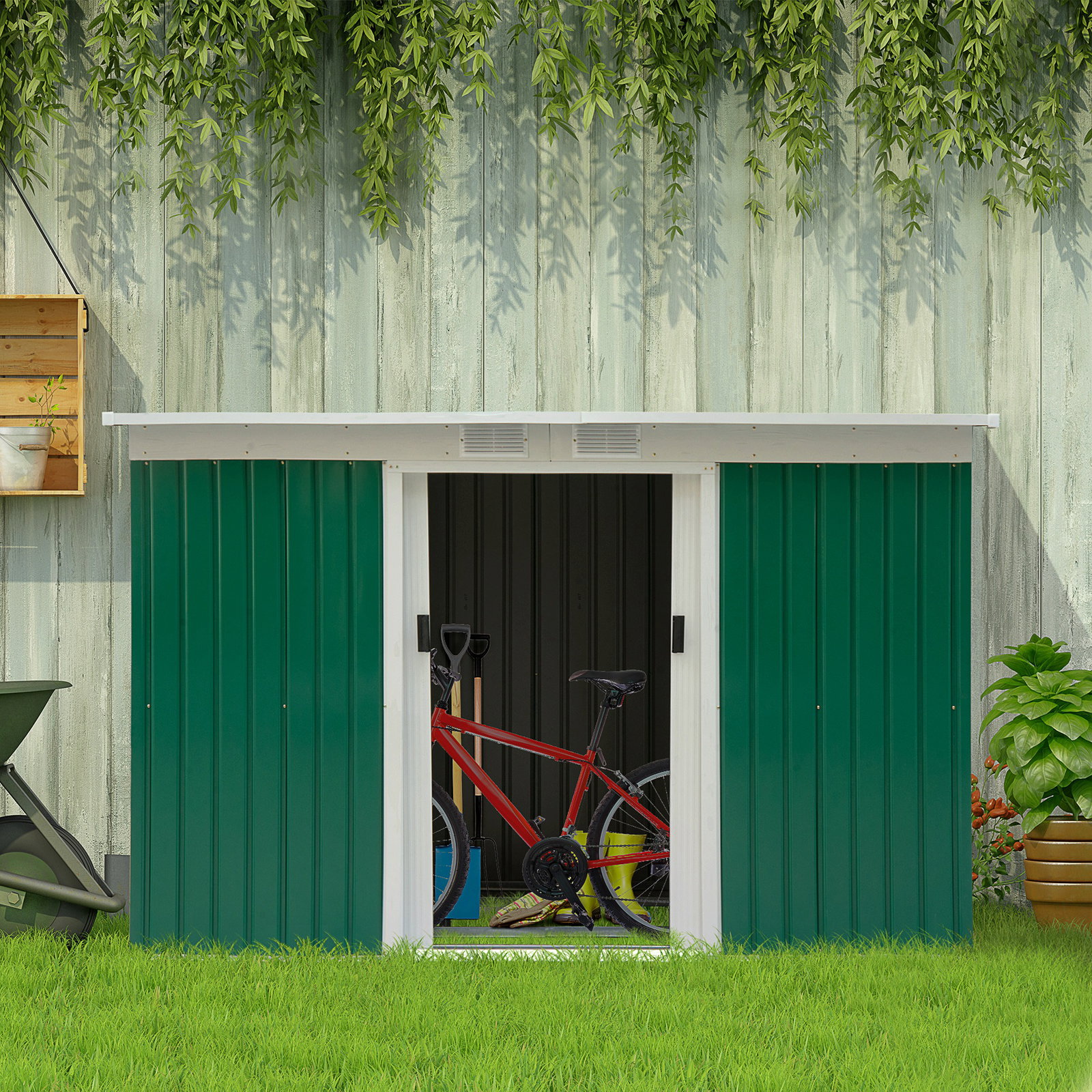 Abrigo de jardim 280x130x172cm abrigo de exterior de aço galvanizado com porta corredeira e ventilações verde