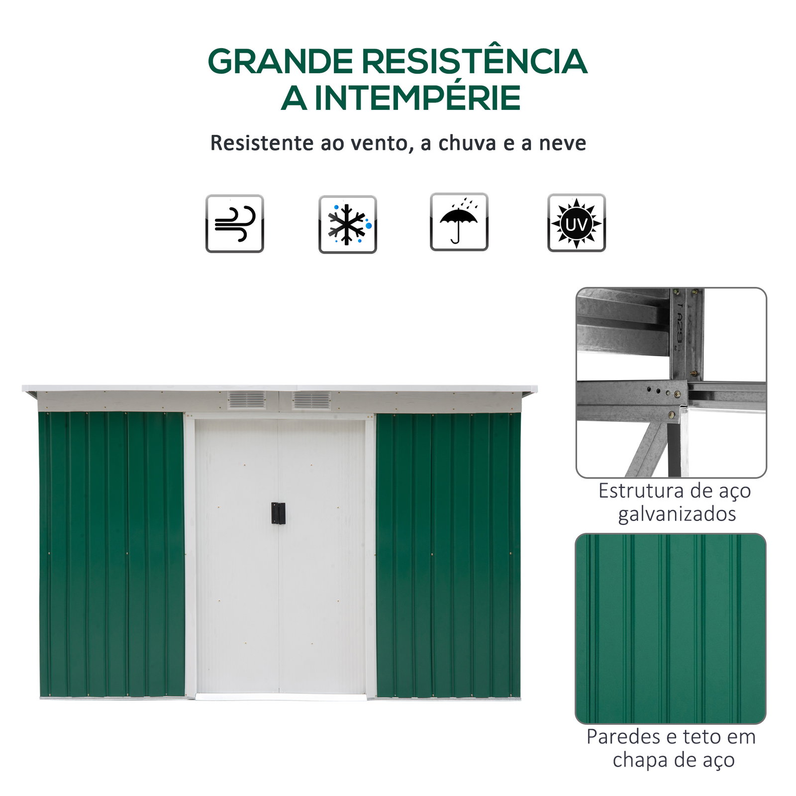 Abrigo de jardim 280x130x172cm abrigo de exterior de aço galvanizado com porta corredeira e ventilações verde