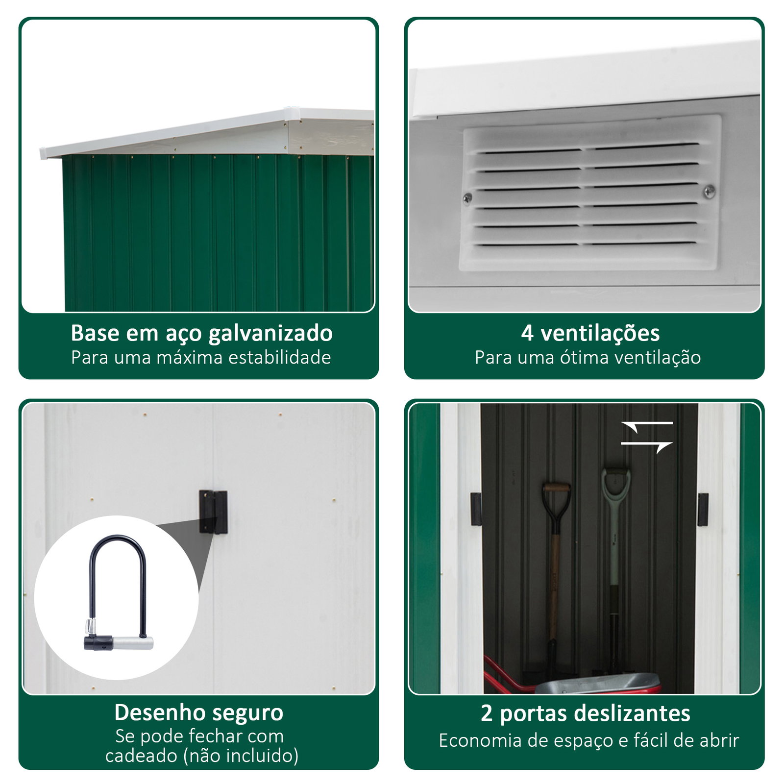 Abrigo de jardim 280x130x172cm abrigo de exterior de aço galvanizado com porta corredeira e ventilações verde