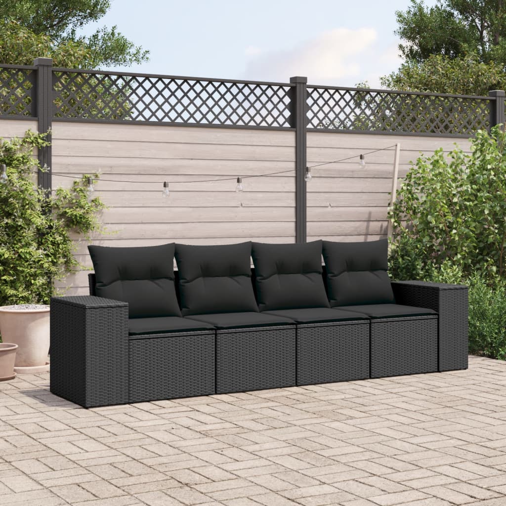 4 Pcs conjunto de sofás para jardim c/ almofadões vime PE preto