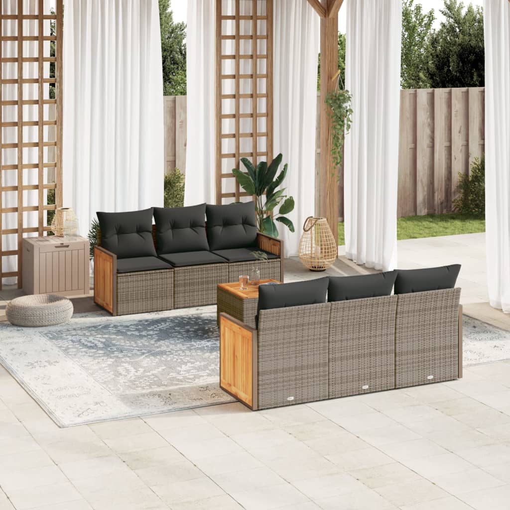 7 Pcs conjunto sofás p/ jardim c/ almofadões vime PE cinzento