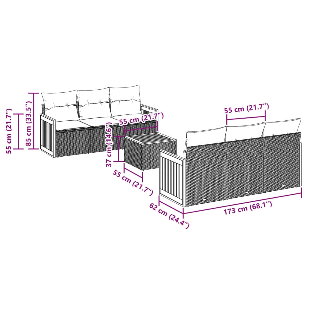 7 Pcs conjunto sofás p/ jardim c/ almofadões vime PE cinzento