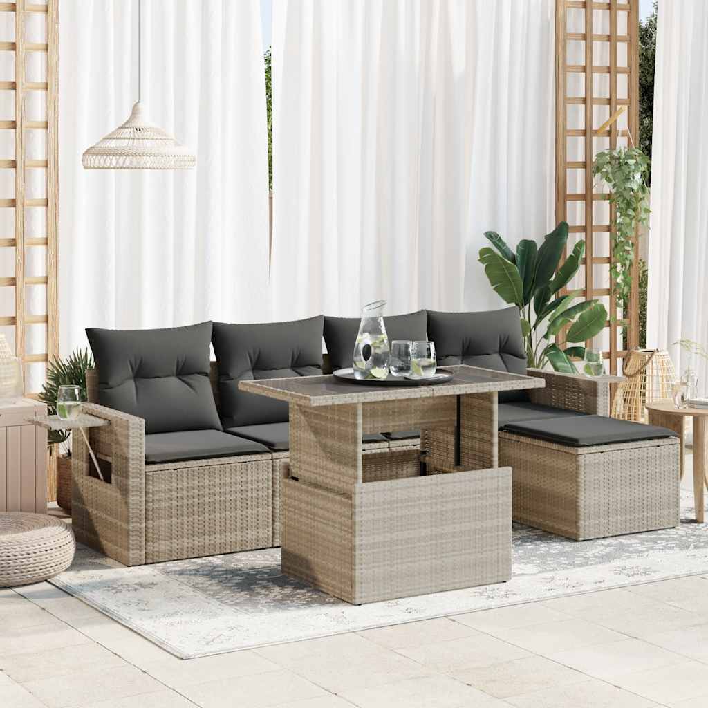 6 Pcs conj. sofás jardim com almofadões vime PE cinzento-claro