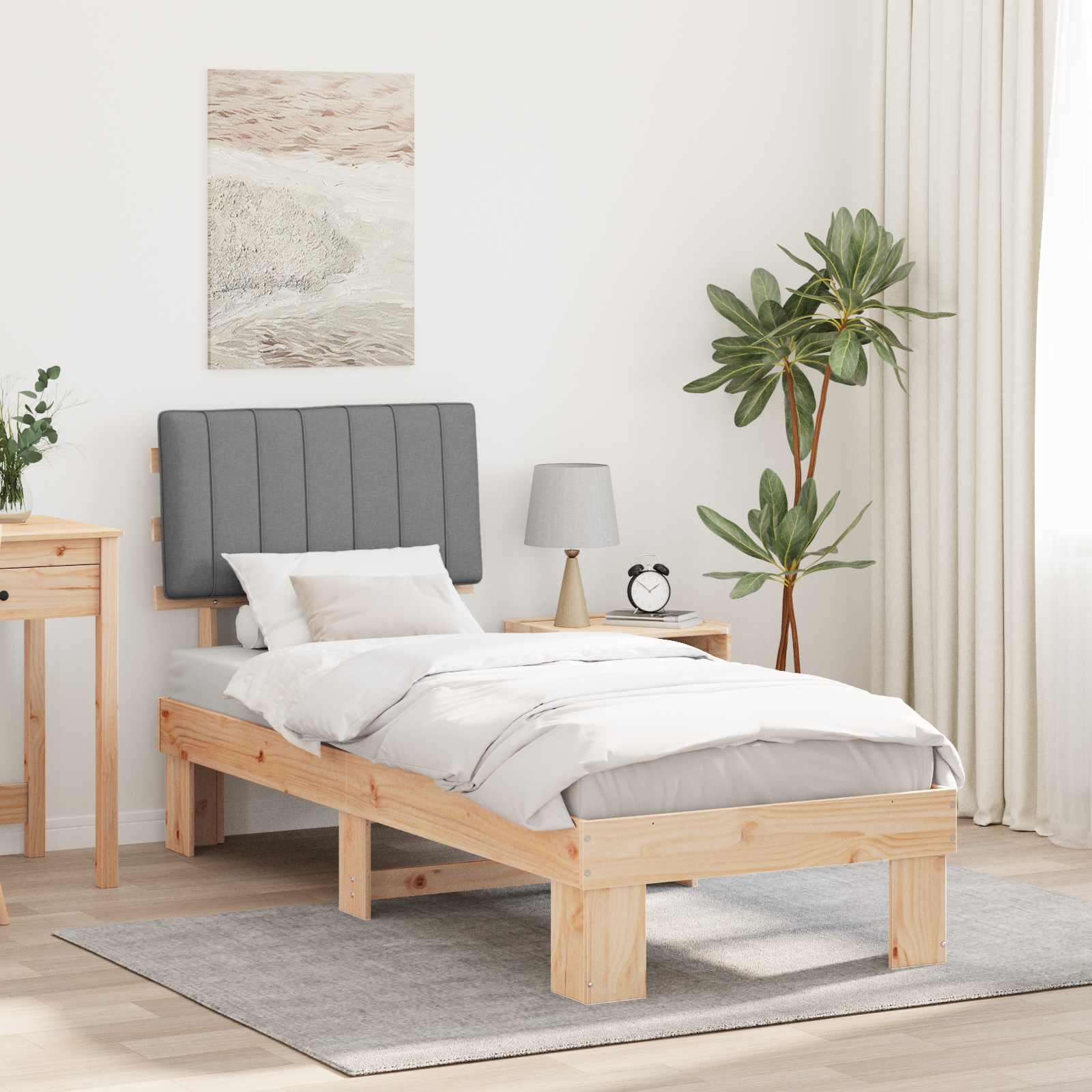 Estrutura de cama com cabeceira estofada cinzento-claro