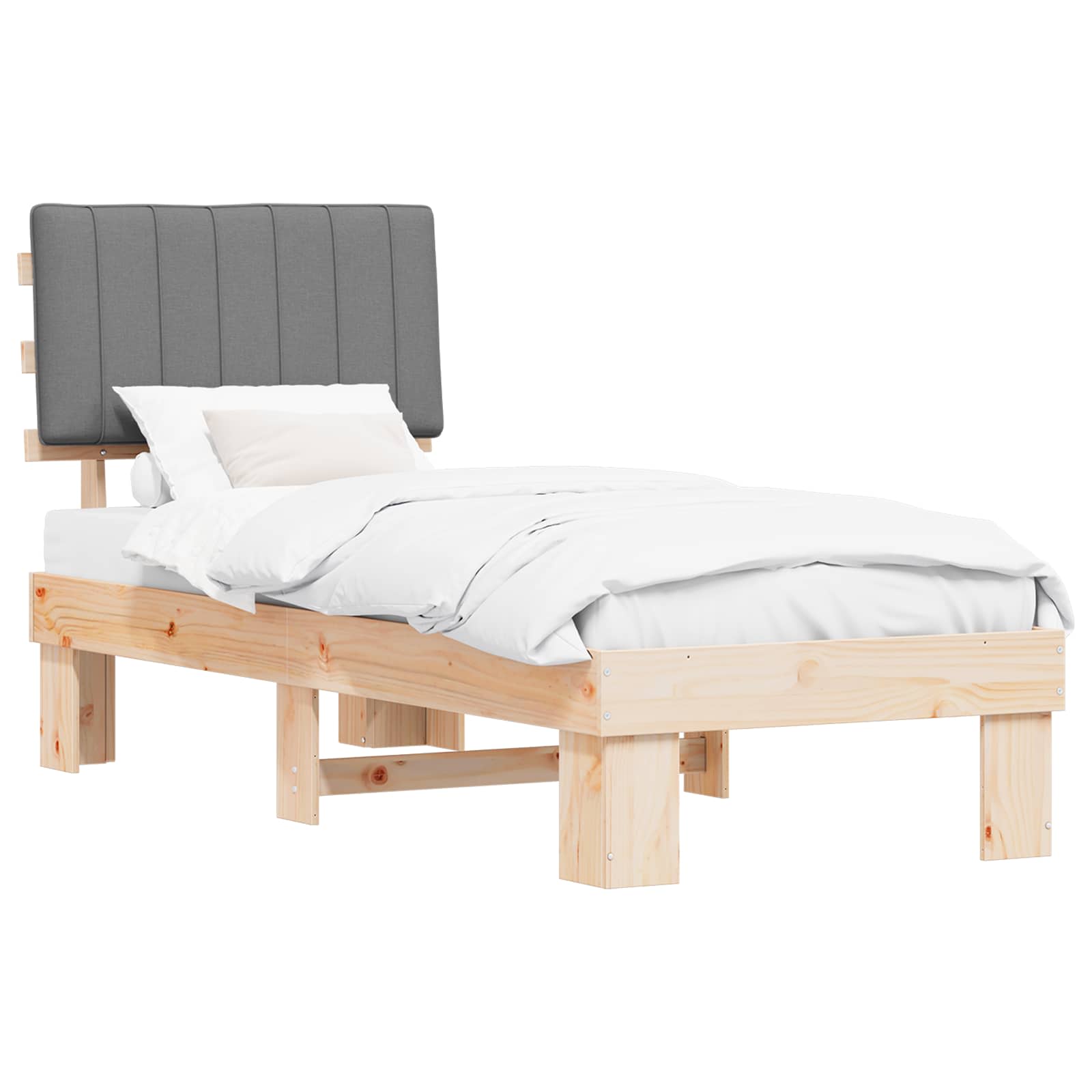 Estrutura de cama com cabeceira estofada cinzento-claro