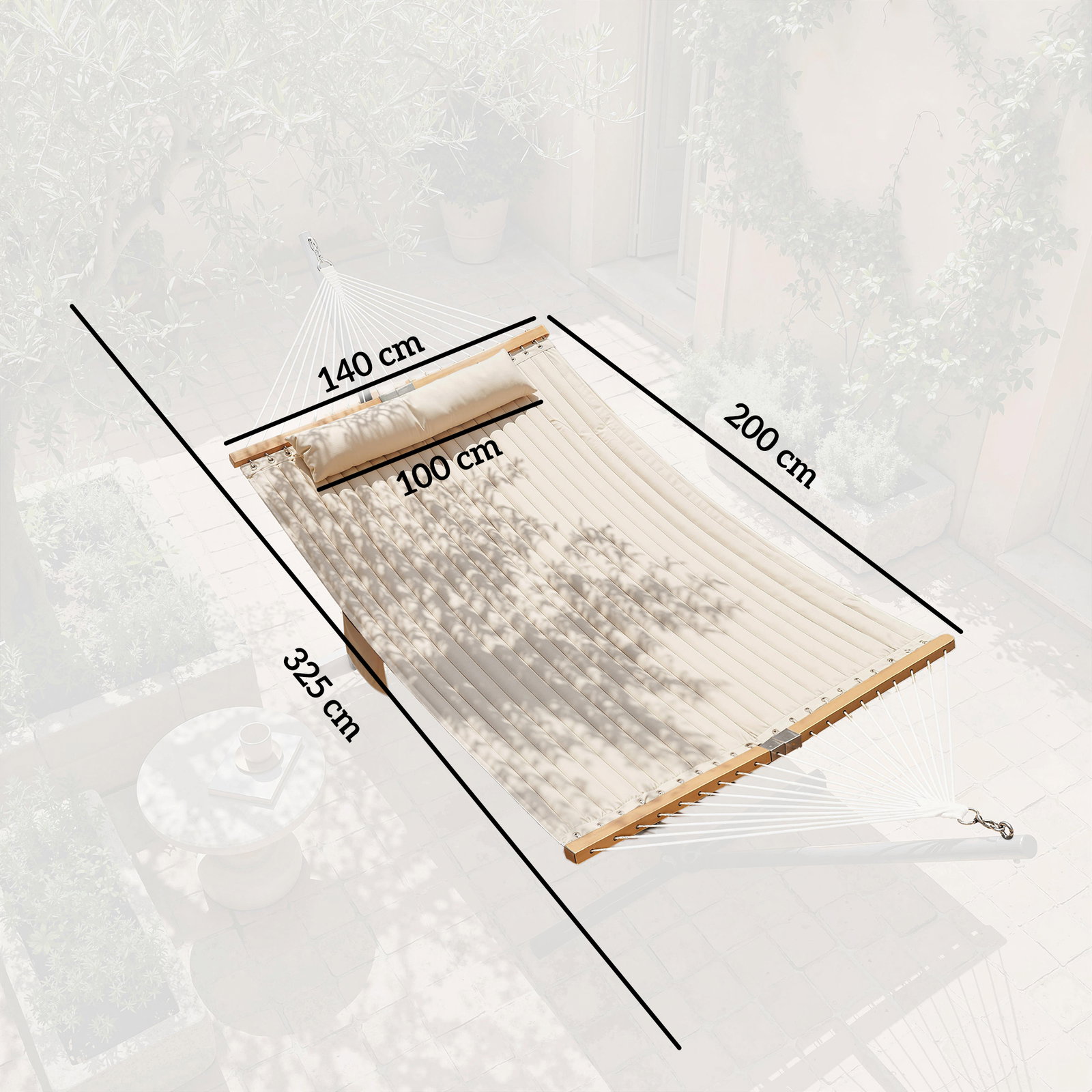 Cama rede acolchoada de jardim portátil com almofada ajustável bolso para revistas estrutura de madeira 325x140 cm creme