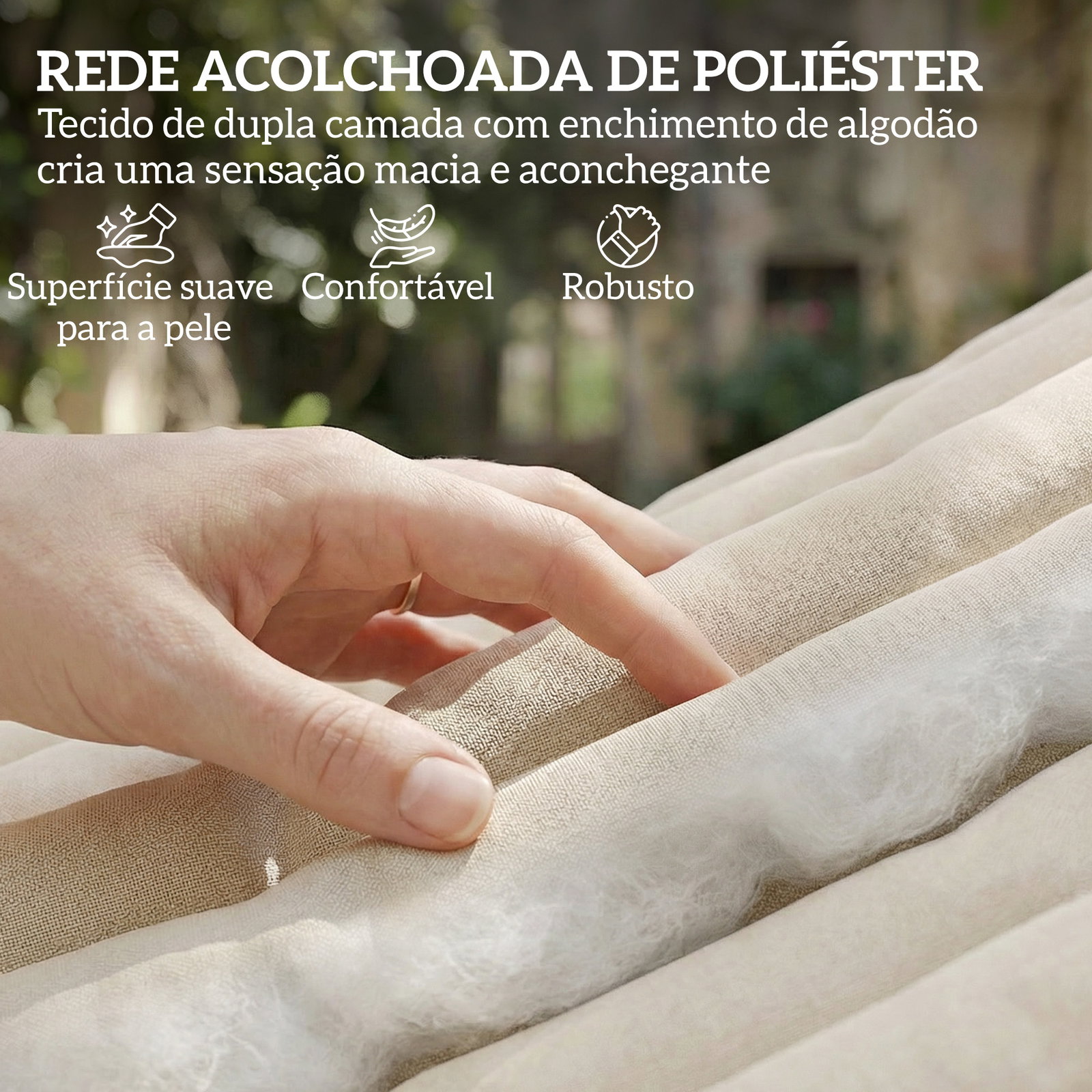Cama rede acolchoada de jardim portátil com almofada ajustável bolso para revistas estrutura de madeira 325x140 cm creme