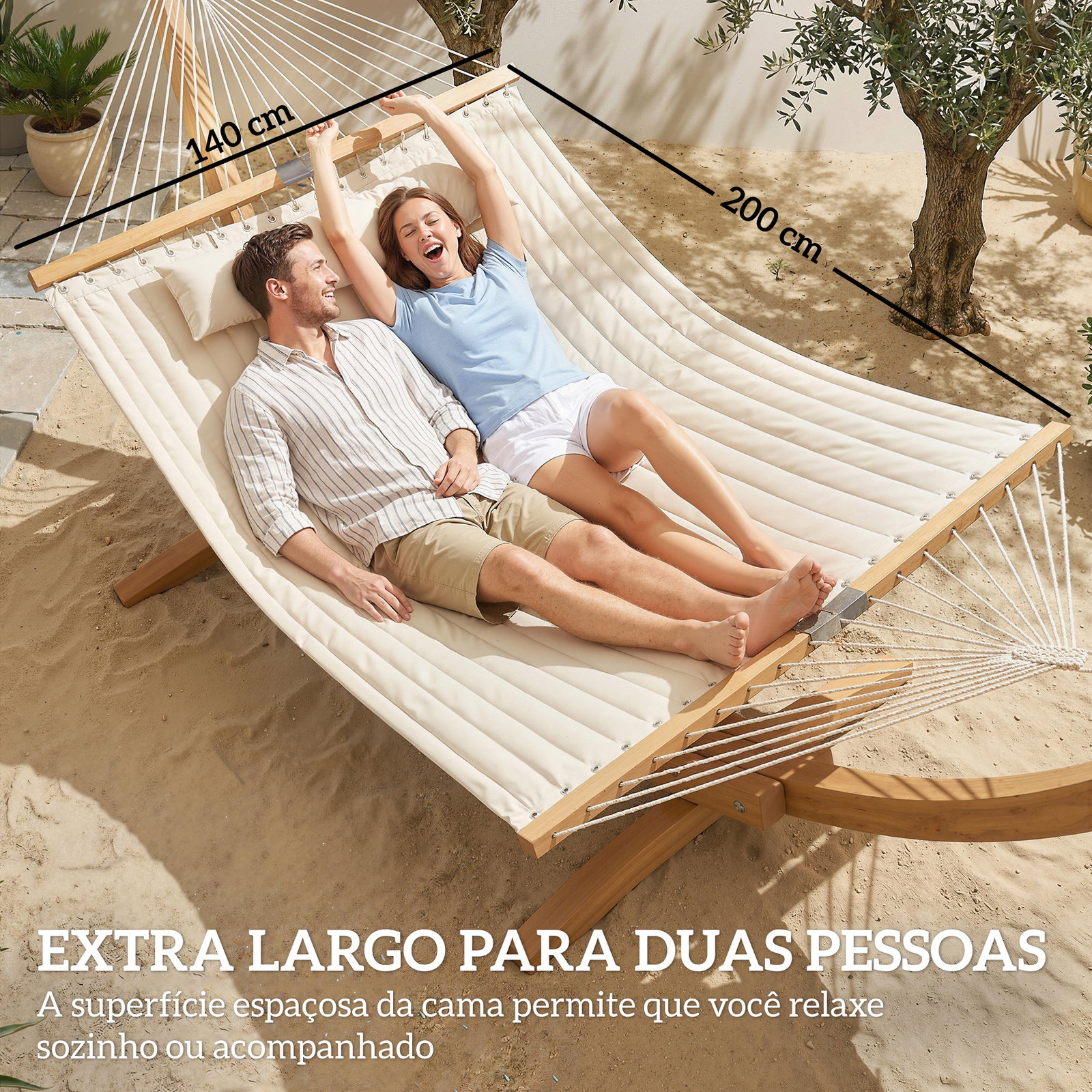 Cama rede acolchoada de jardim portátil com almofada ajustável bolso para revistas estrutura de madeira 325x140 cm creme