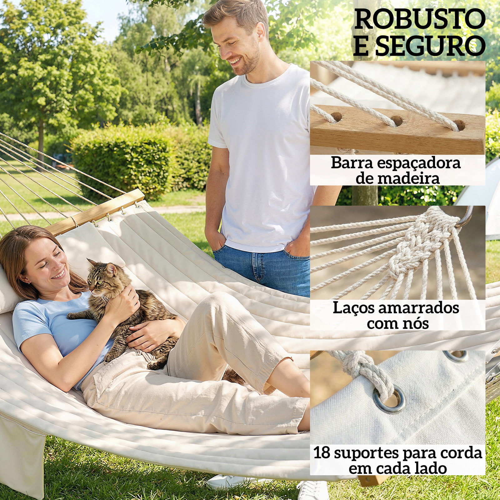 Cama rede acolchoada de jardim portátil com almofada ajustável bolso para revistas estrutura de madeira 325x140 cm creme