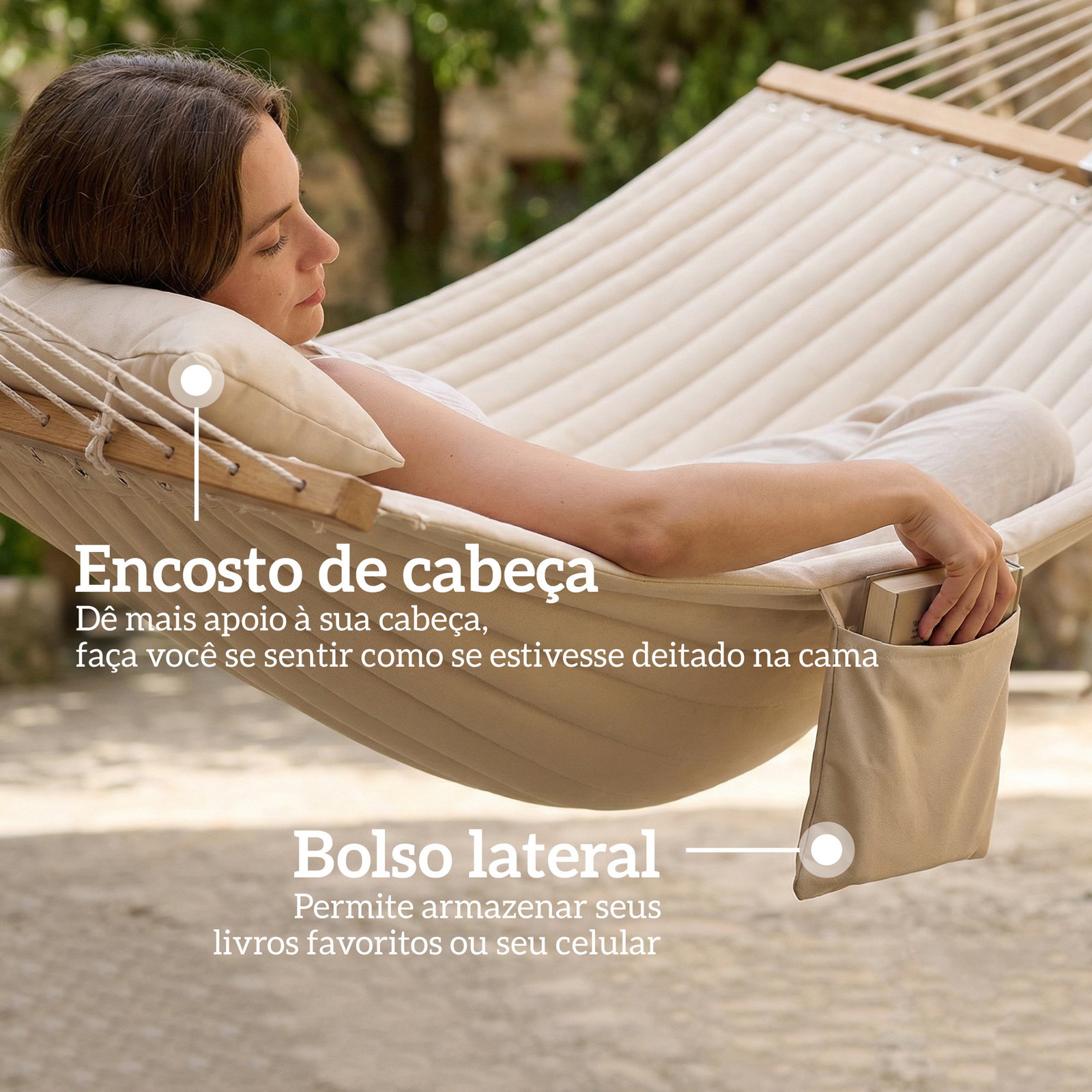 Cama rede acolchoada de jardim portátil com almofada ajustável bolso para revistas estrutura de madeira 325x140 cm creme