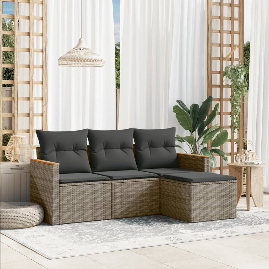 4 Pcs conjunto sofás de jardim c/ almofadões vime PE cinzento
