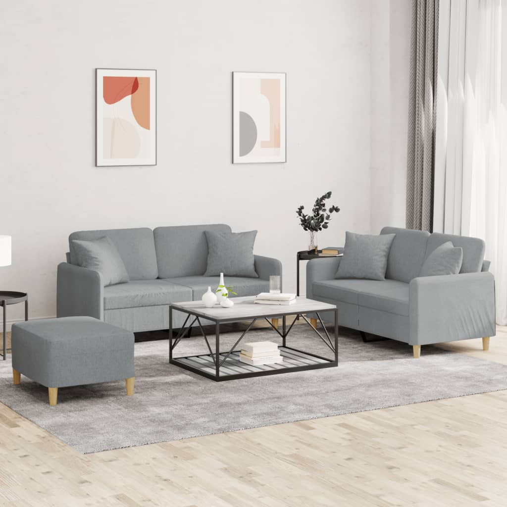 3 Pcs conjunto de sofás com almofadas tecido cinzento-claro