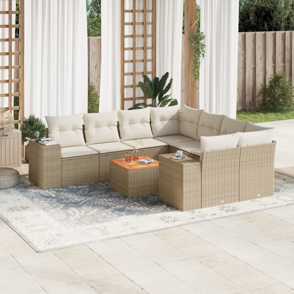 9 Pcs conjunto de sofás p/ jardim com almofadões vime PE bege