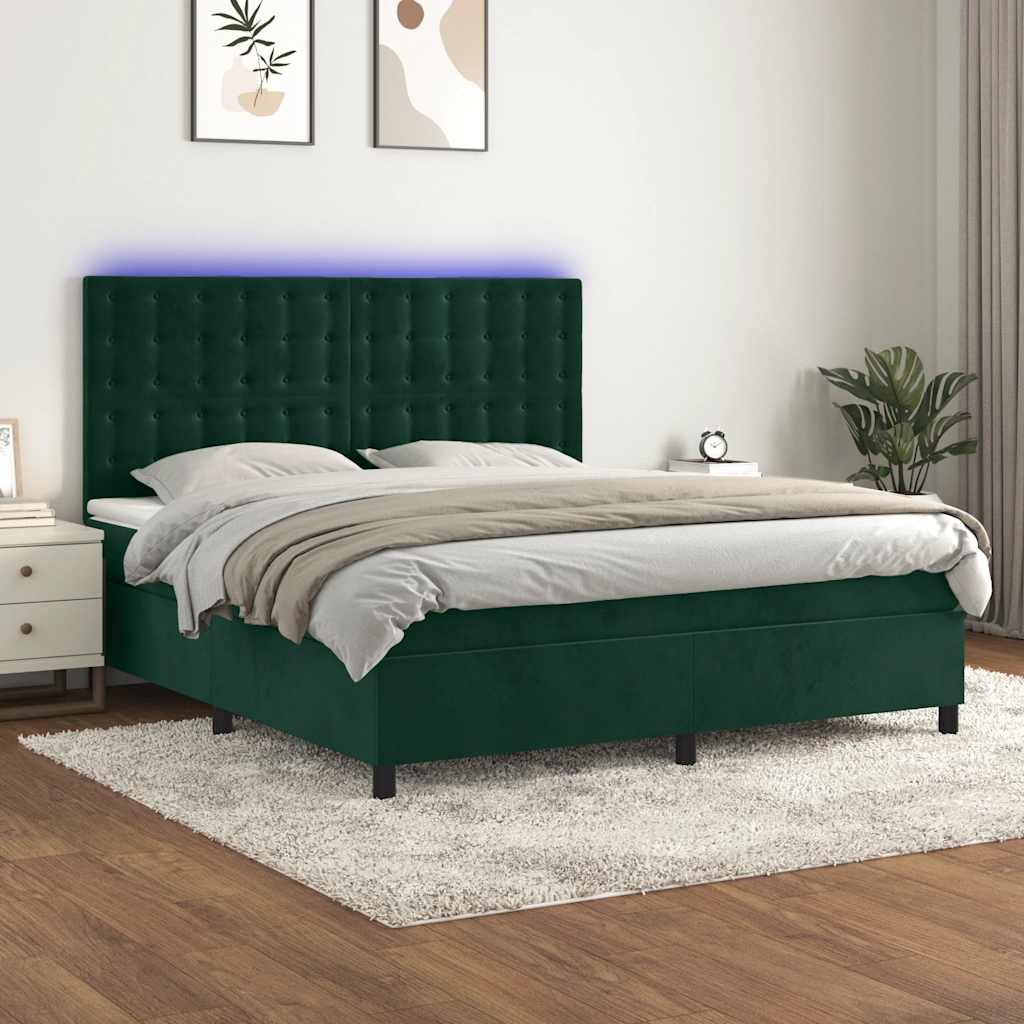Cama box spring c/ colchão/LED 180x200 cm veludo verde-escuro