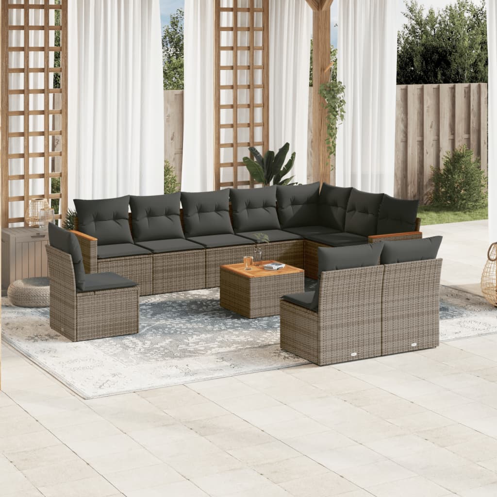 11 Pcs conjunto sofás de jardim c/ almofadões vime PE cinzento