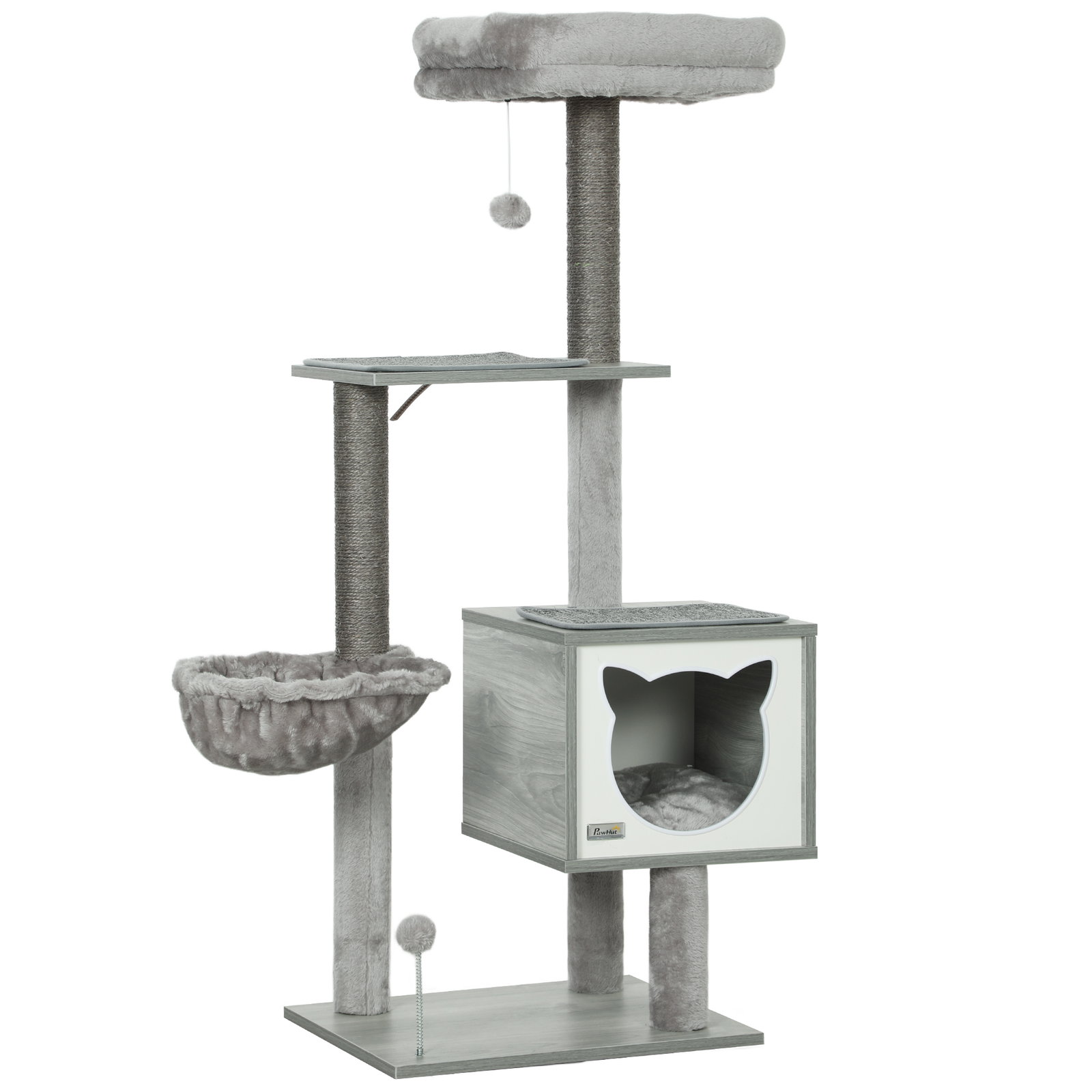 Arranhador para gatos com plataforma rede caverna cama postes de sisal e bolas de brincar 48x40x126 cm cinza