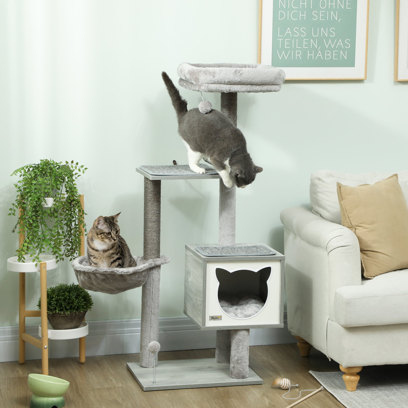 Arranhador para gatos com plataforma rede caverna cama postes de sisal e bolas de brincar 48x40x126 cm cinza