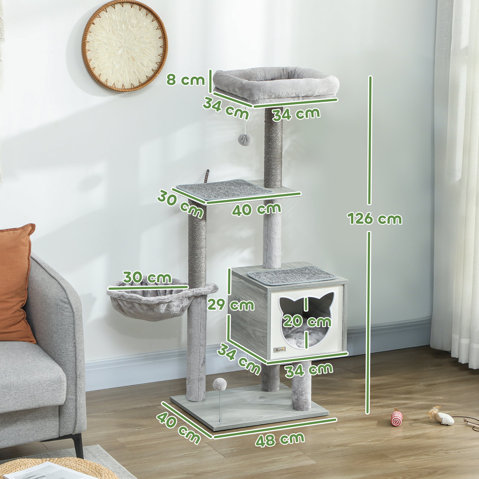 Arranhador para gatos com plataforma rede caverna cama postes de sisal e bolas de brincar 48x40x126 cm cinza