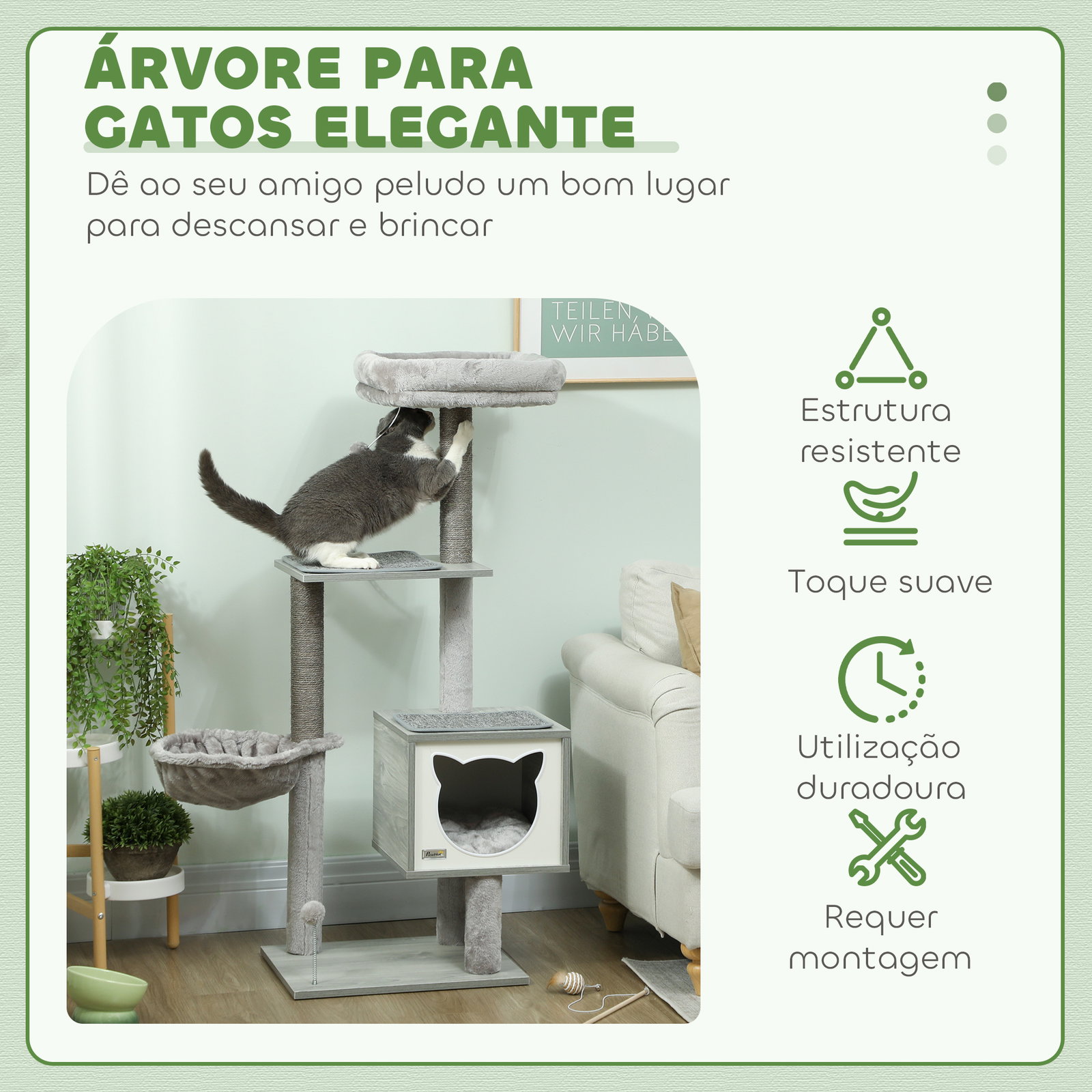 Arranhador para gatos com plataforma rede caverna cama postes de sisal e bolas de brincar 48x40x126 cm cinza
