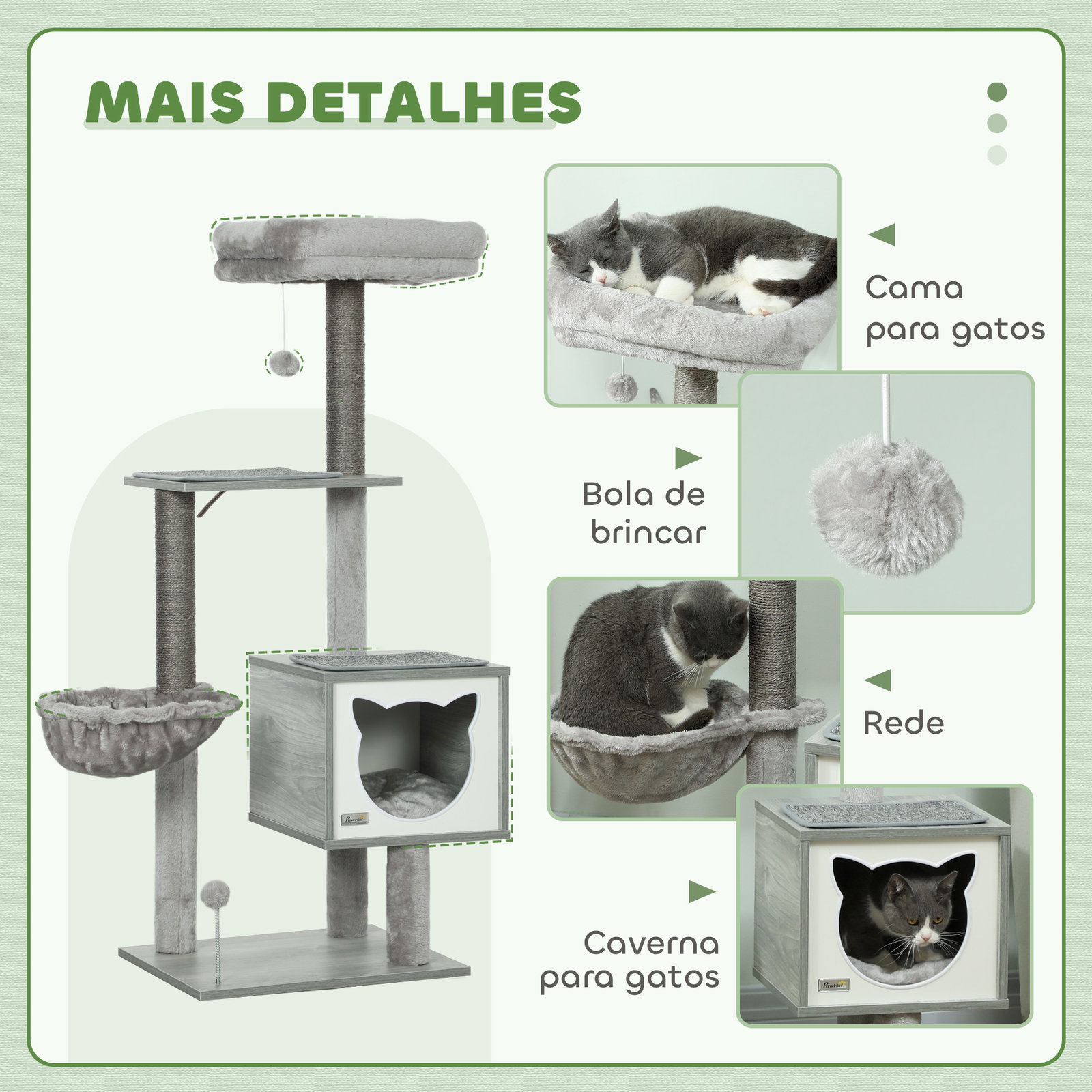 Arranhador para gatos com plataforma rede caverna cama postes de sisal e bolas de brincar 48x40x126 cm cinza
