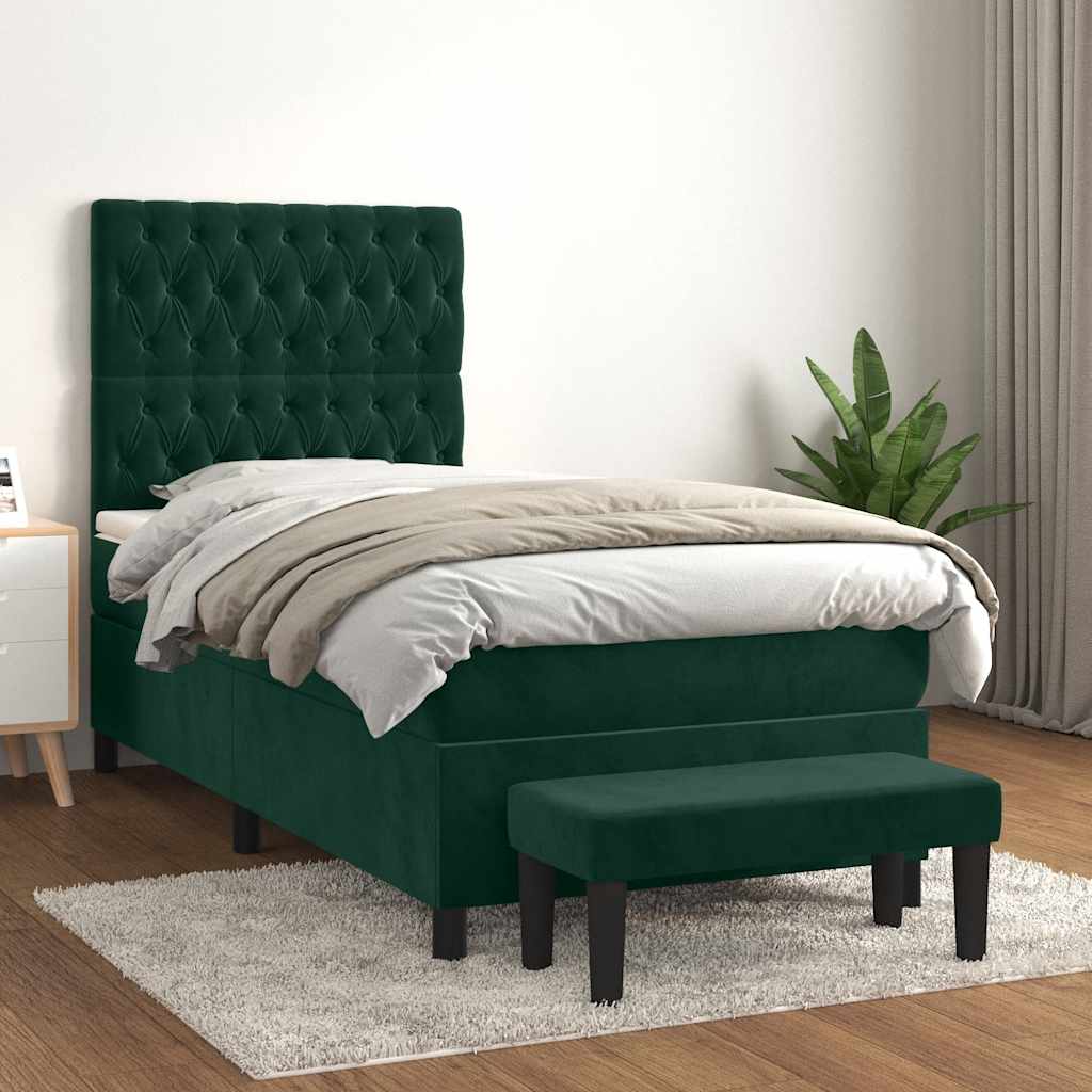 Cama com molas/colchão 90x200 cm veludo verde-escuro