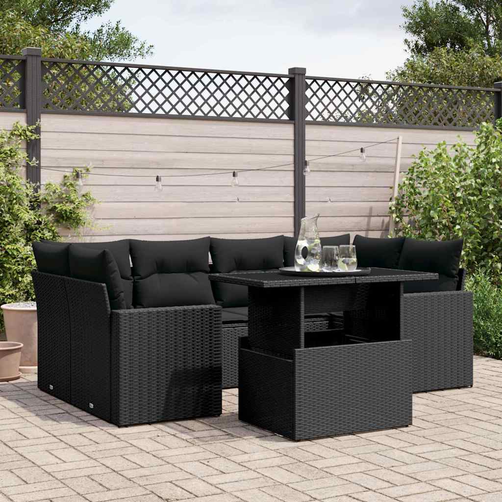 7 Pcs conjunto de sofás p/ jardim c/ almofadões vime PE preto