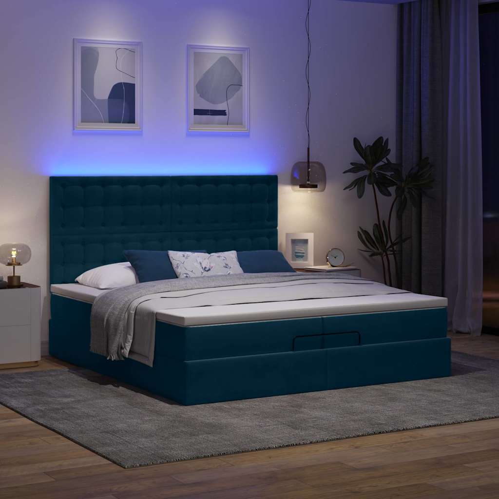 Cama otomana com colchões/leds 200x200 cm veludo azul-escuro