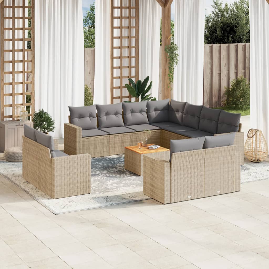 12 Pcs conj. sofás jardim c/ almofadões vime PE bege misturado