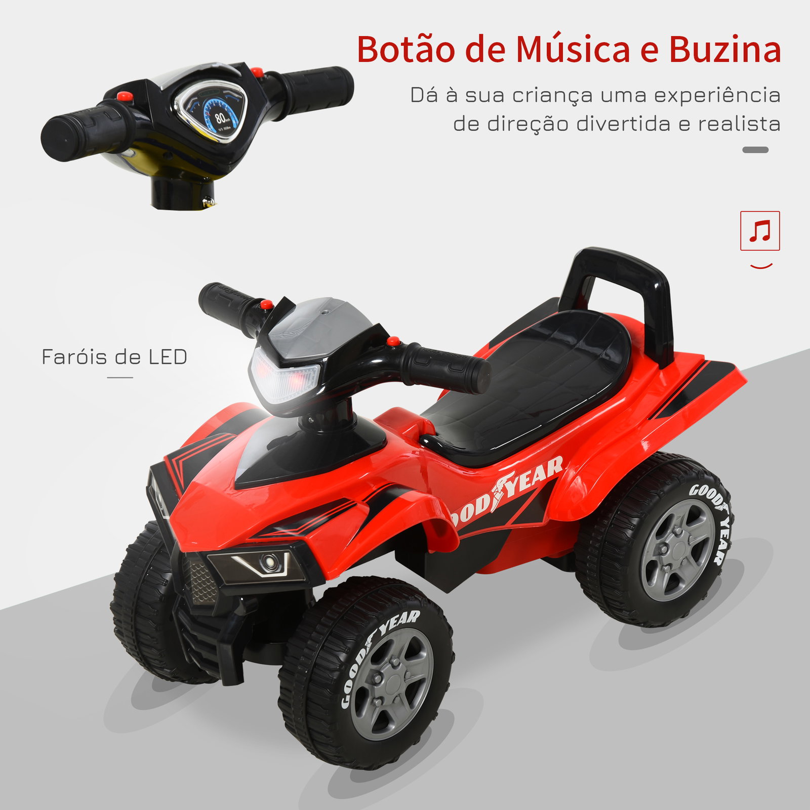 Quadriciclo para crianças acima de 12 meses com sons de luzes 60x38x42 cm vermelho