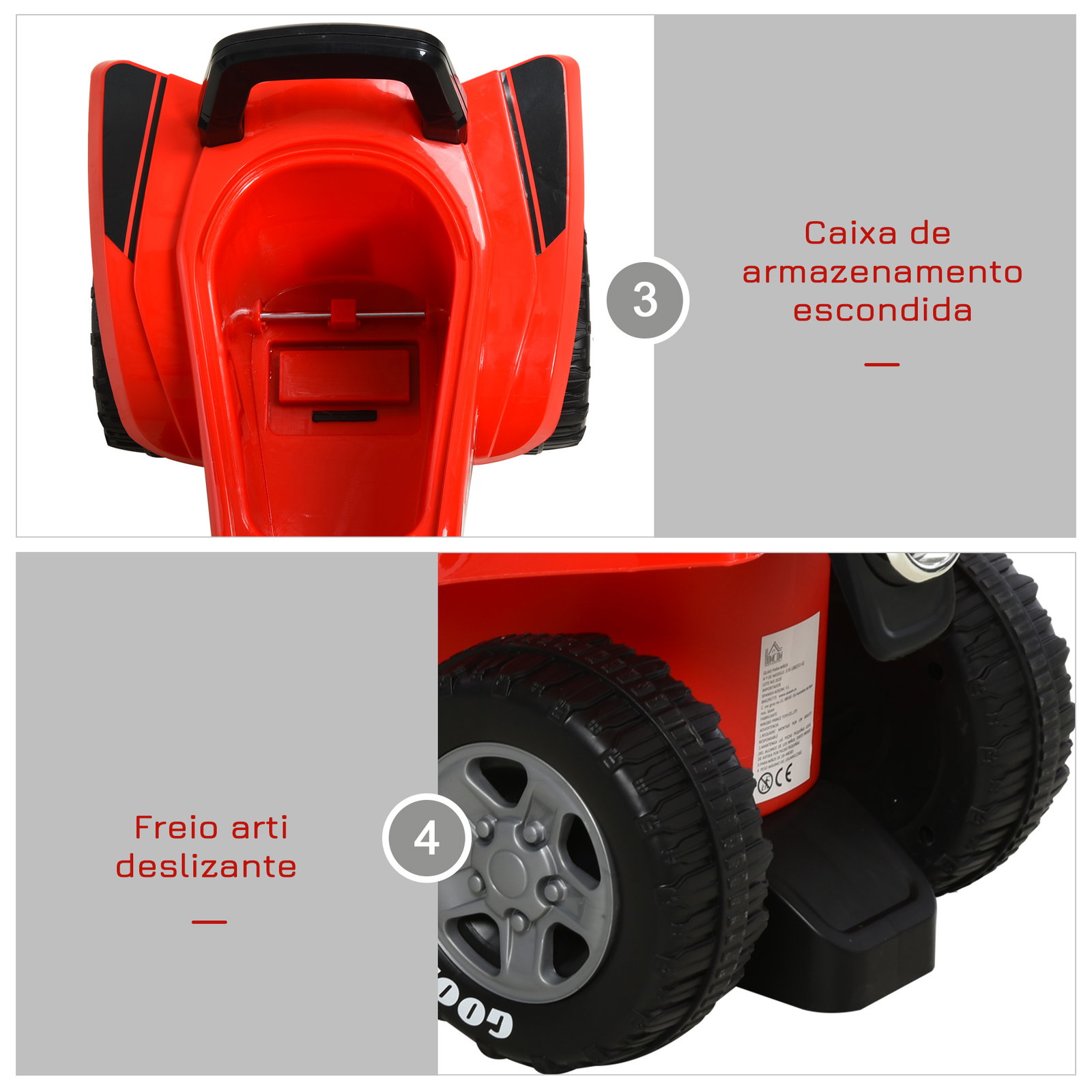 Quadriciclo para crianças acima de 12 meses com sons de luzes 60x38x42 cm vermelho