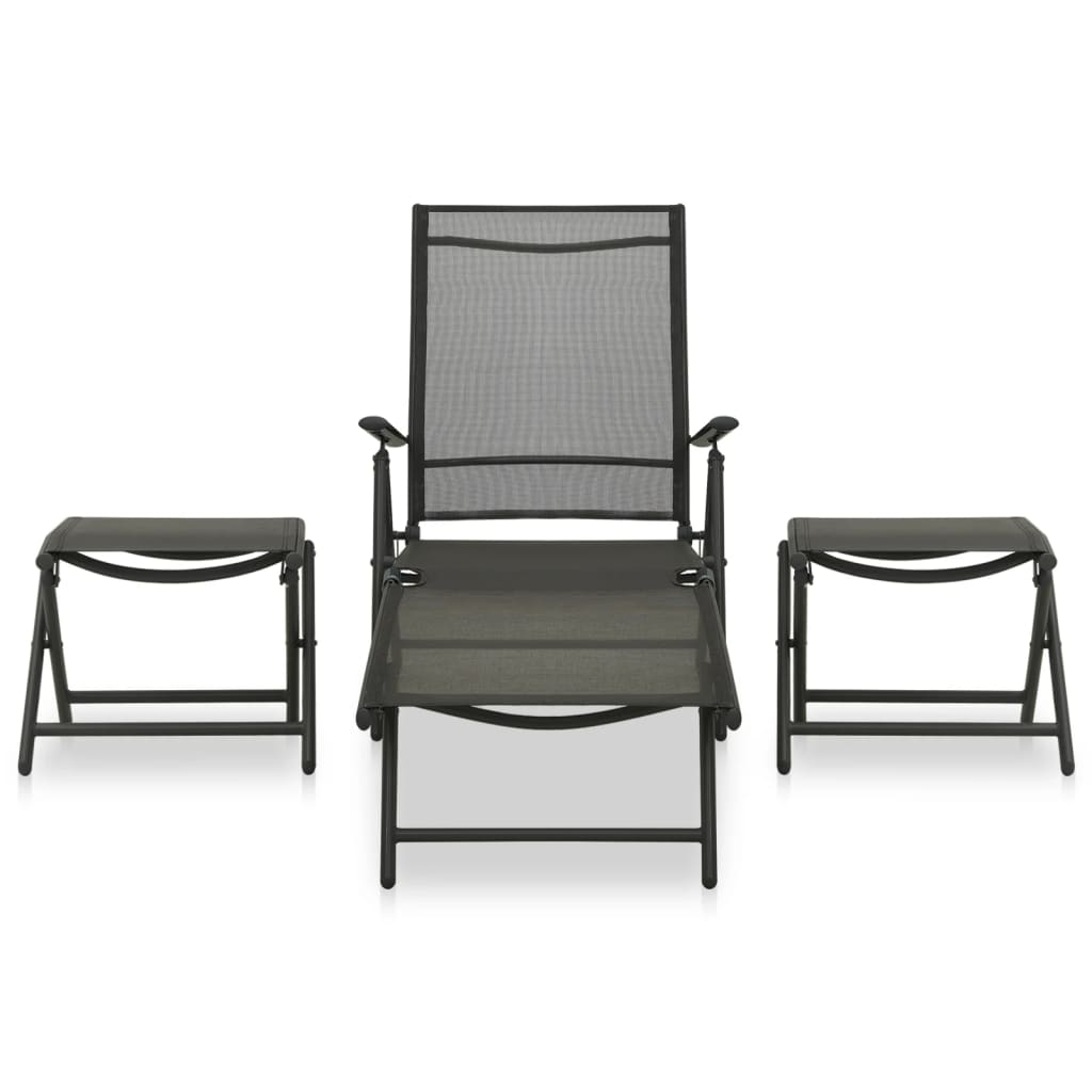 3 Pcs conjunto lounge para jardim textilene e alumínio preto